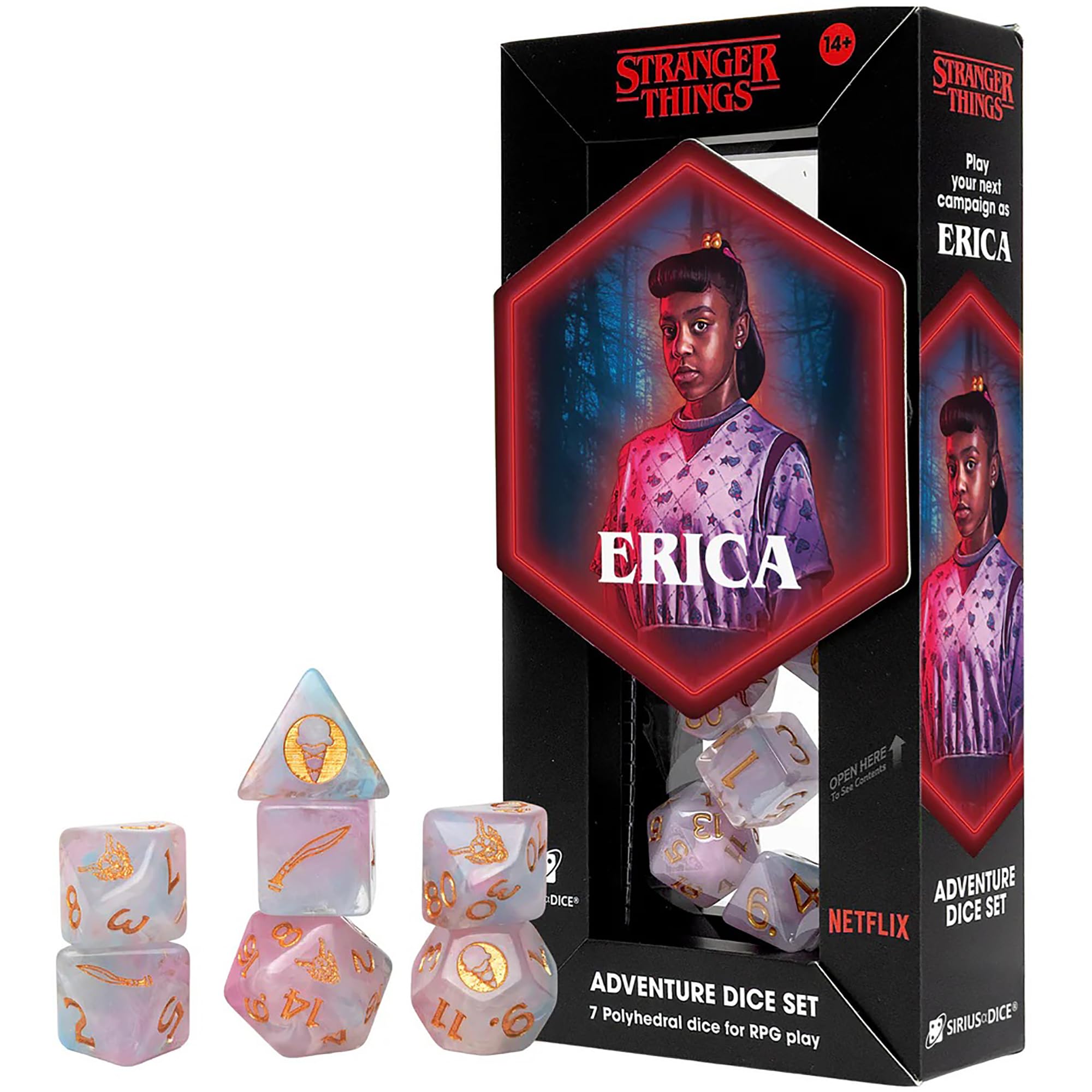 Stranger Things: Adventure Dice - Erica - 7pc RPG Set, Pink & Blue Swirl, Gold Icons, Rogue Class, Collectible Roleplaying Game Accessory, Licensed