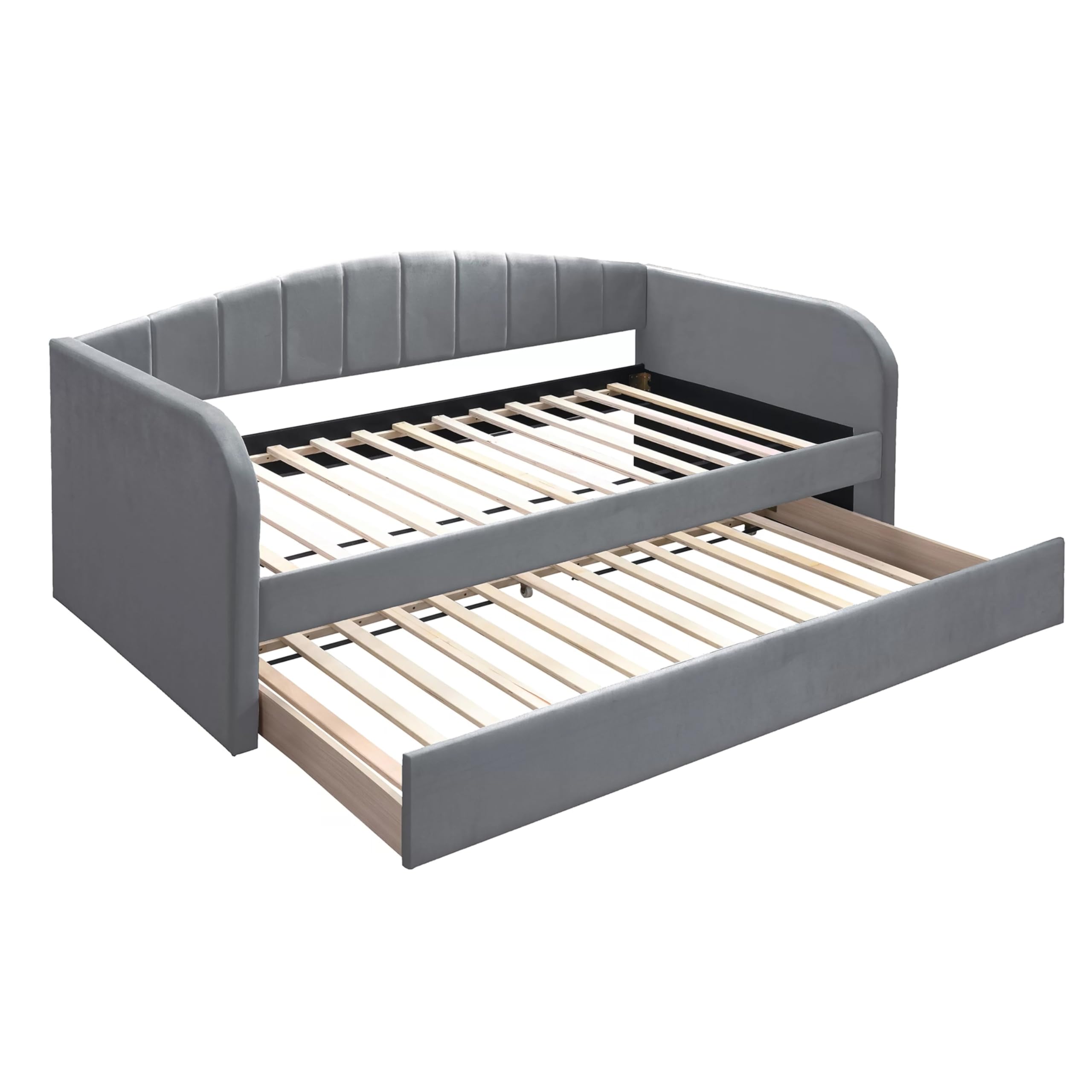 Keo Daybed with Pull Out Trundle, Channel Tufted Modern Gray Velvet