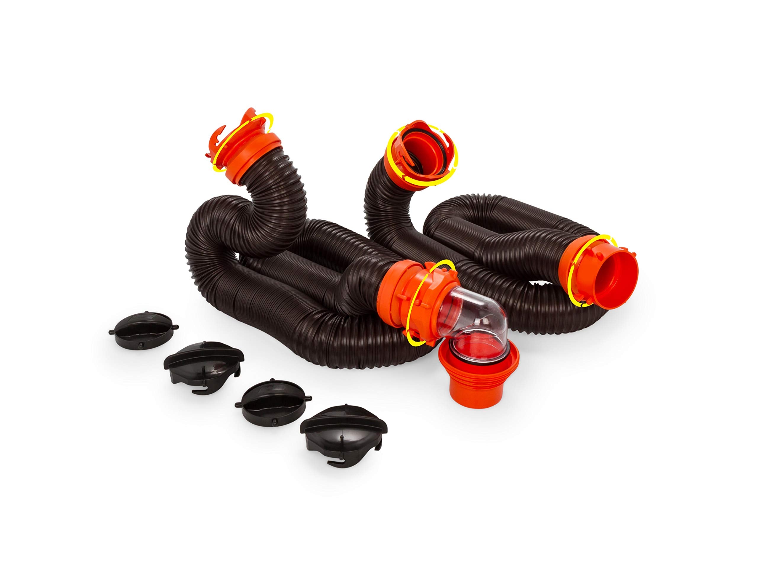 Camco 20' (39741) Rhinoflex 20-Foot Rv Sewer Hose Kit, Swivel Transparent Elbow With 4-In-1 Dump Station Fitting-Storage Caps In