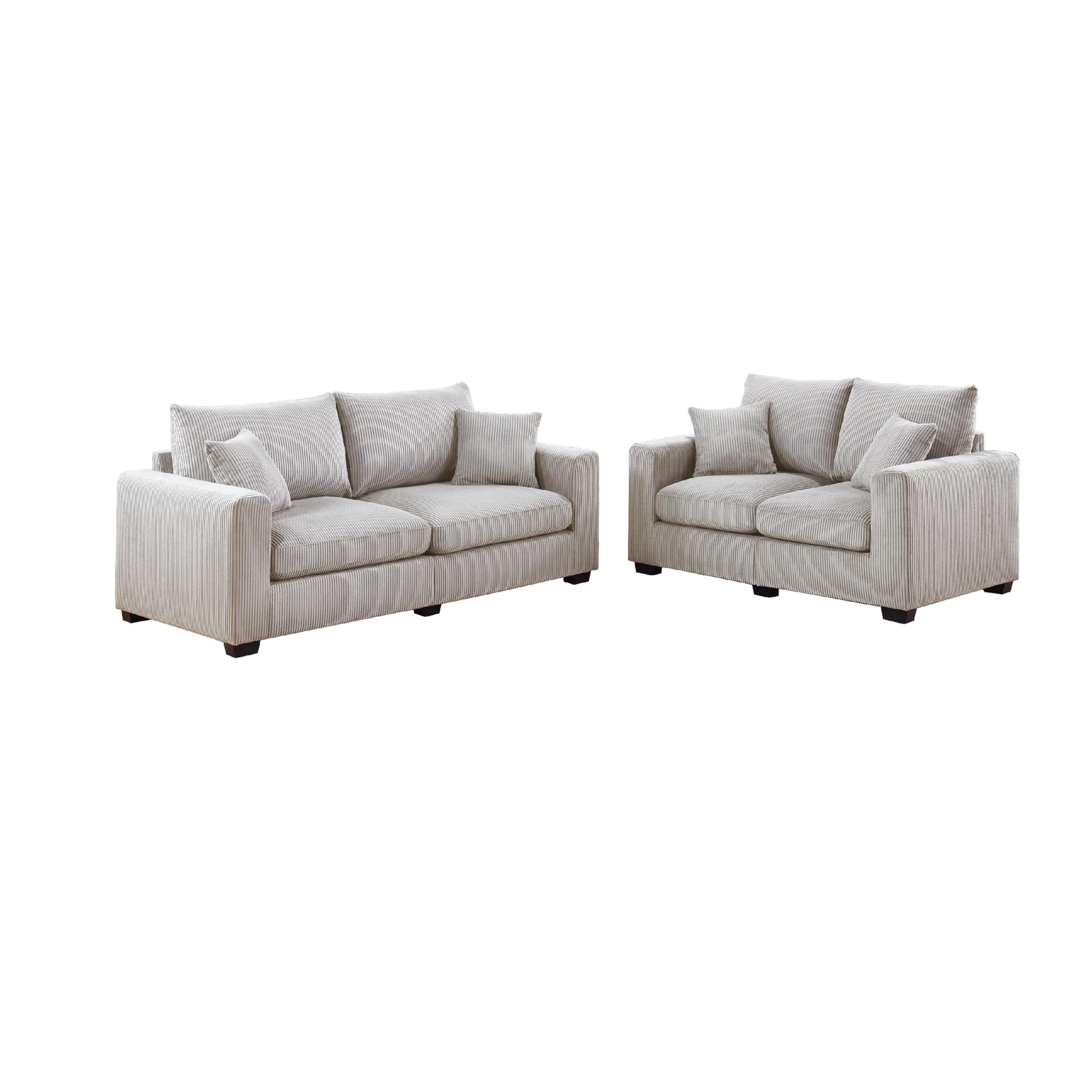 Jesica 2pc Loveseat Sofa Set, 2 Accent Pillows, Ivory Corduroy Fabric