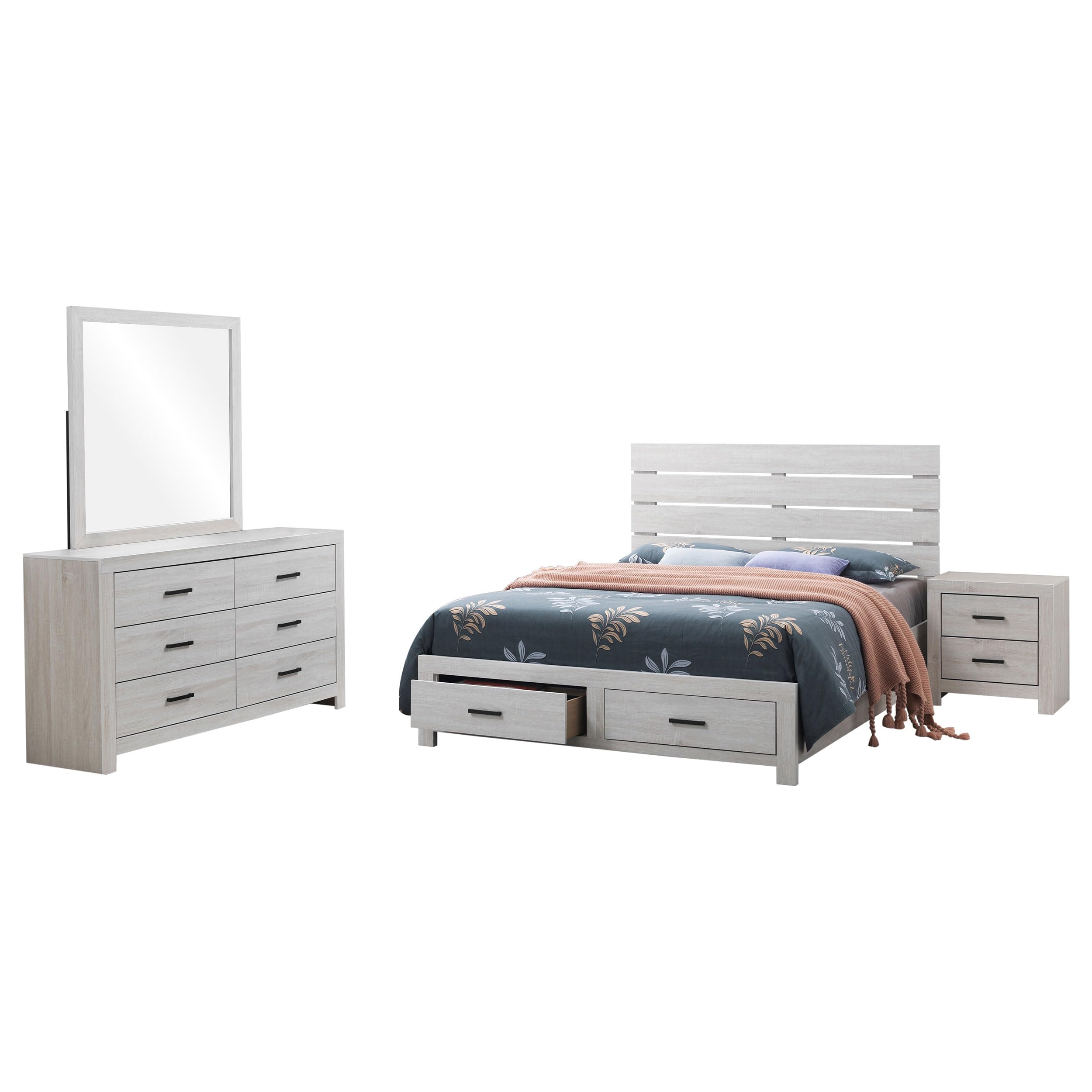 Sili 4pc Queen Storage Bedroom Set, Coastal White and Bronze