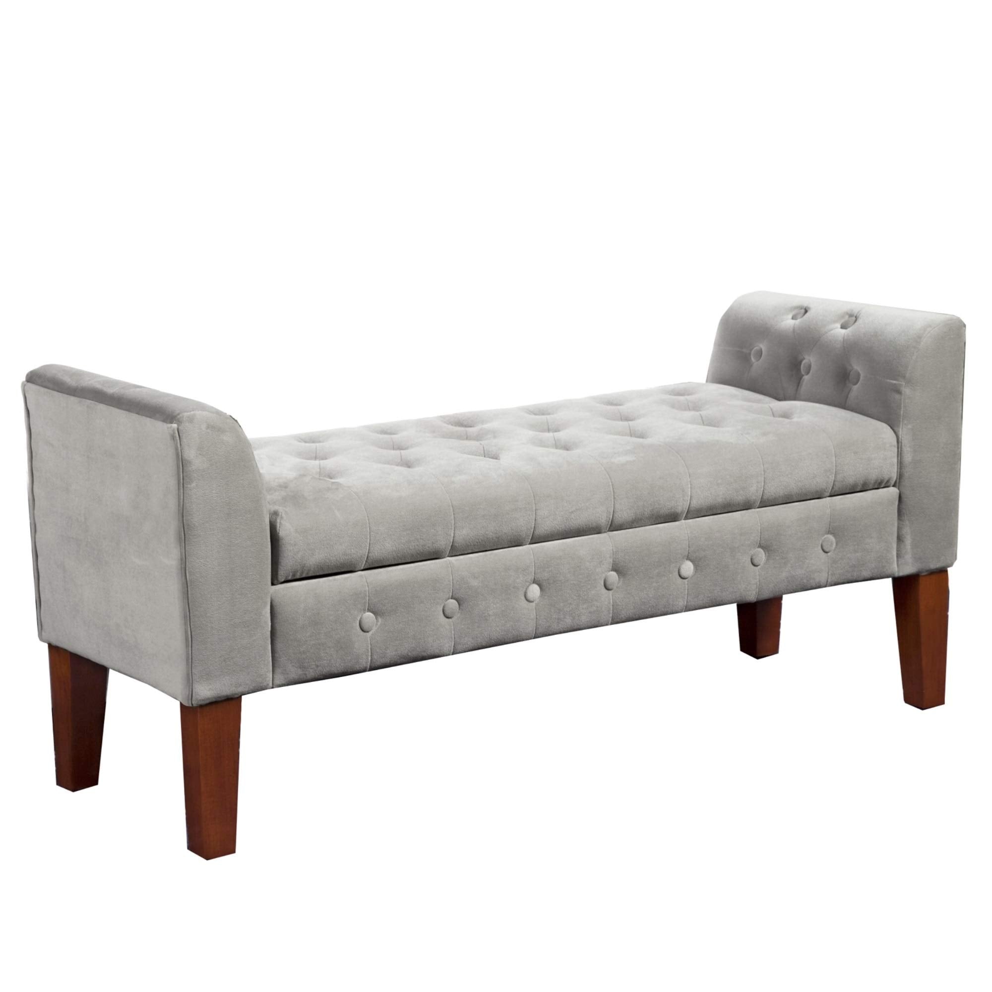 Benjara Velvet Upholstered Button Tufted Wooden Bench Settee With Hinged Storage Gray And Brown