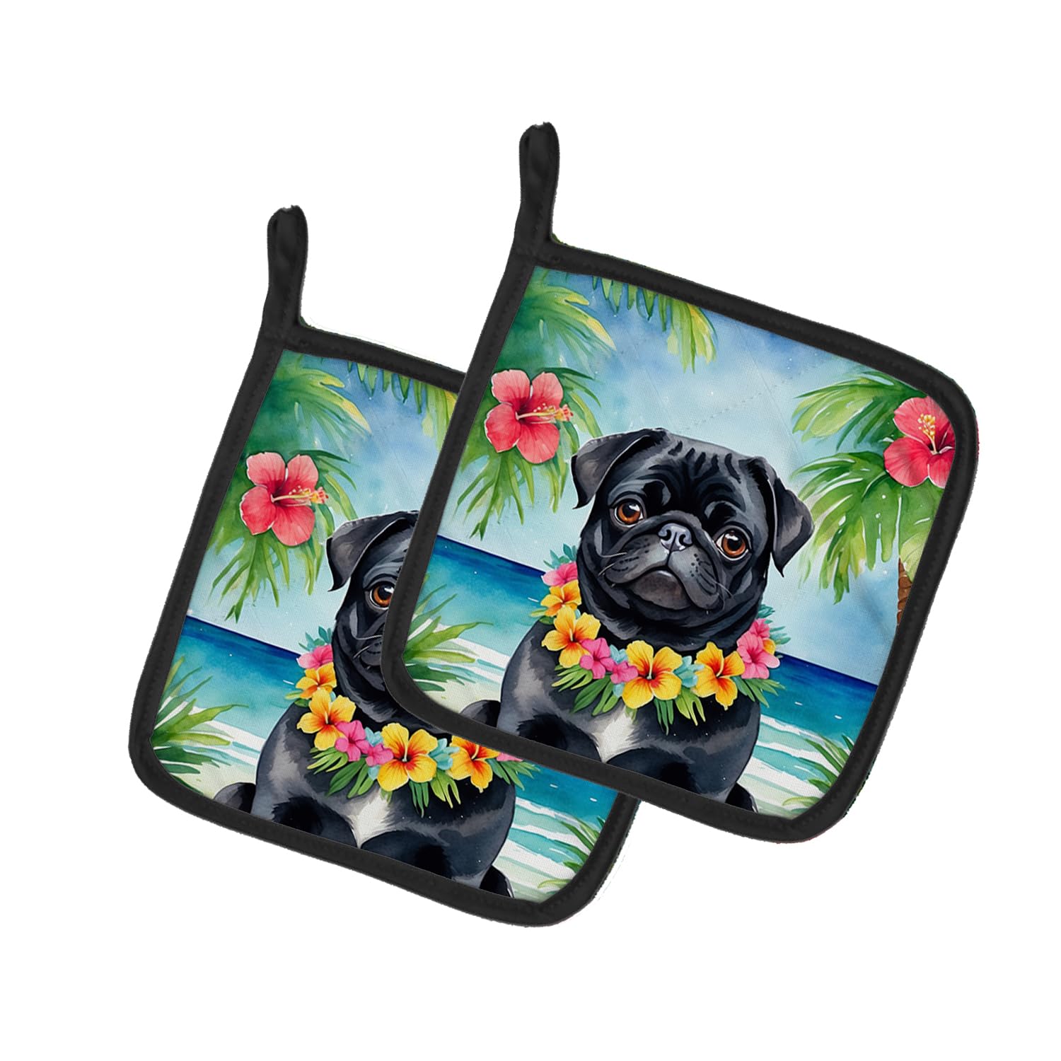 Black Pug Luau Pair of Pot Holders