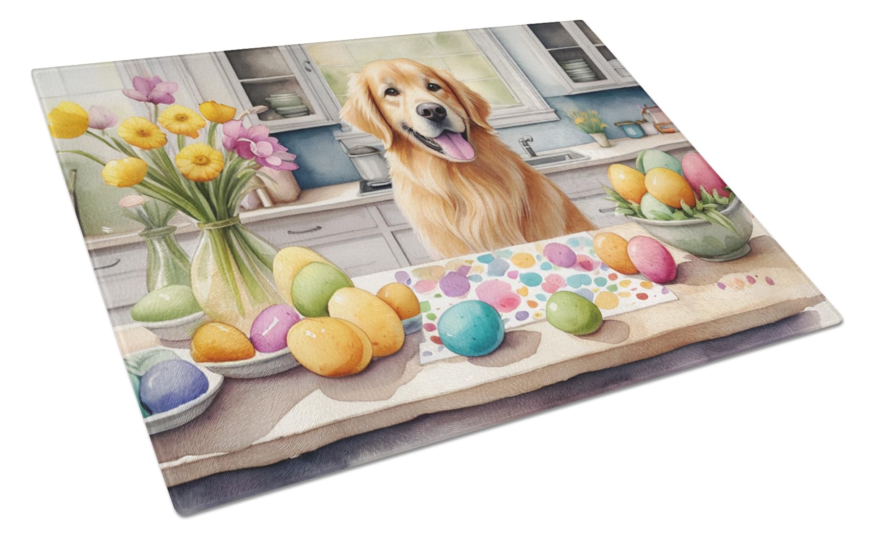 Carolines Treasures DAC6822LCB Decorating Easter Golden Retriever Glass Cutting Board Decorative Tempered Glass Kitchen Cutting and Serving Board Large Size Chopping Board