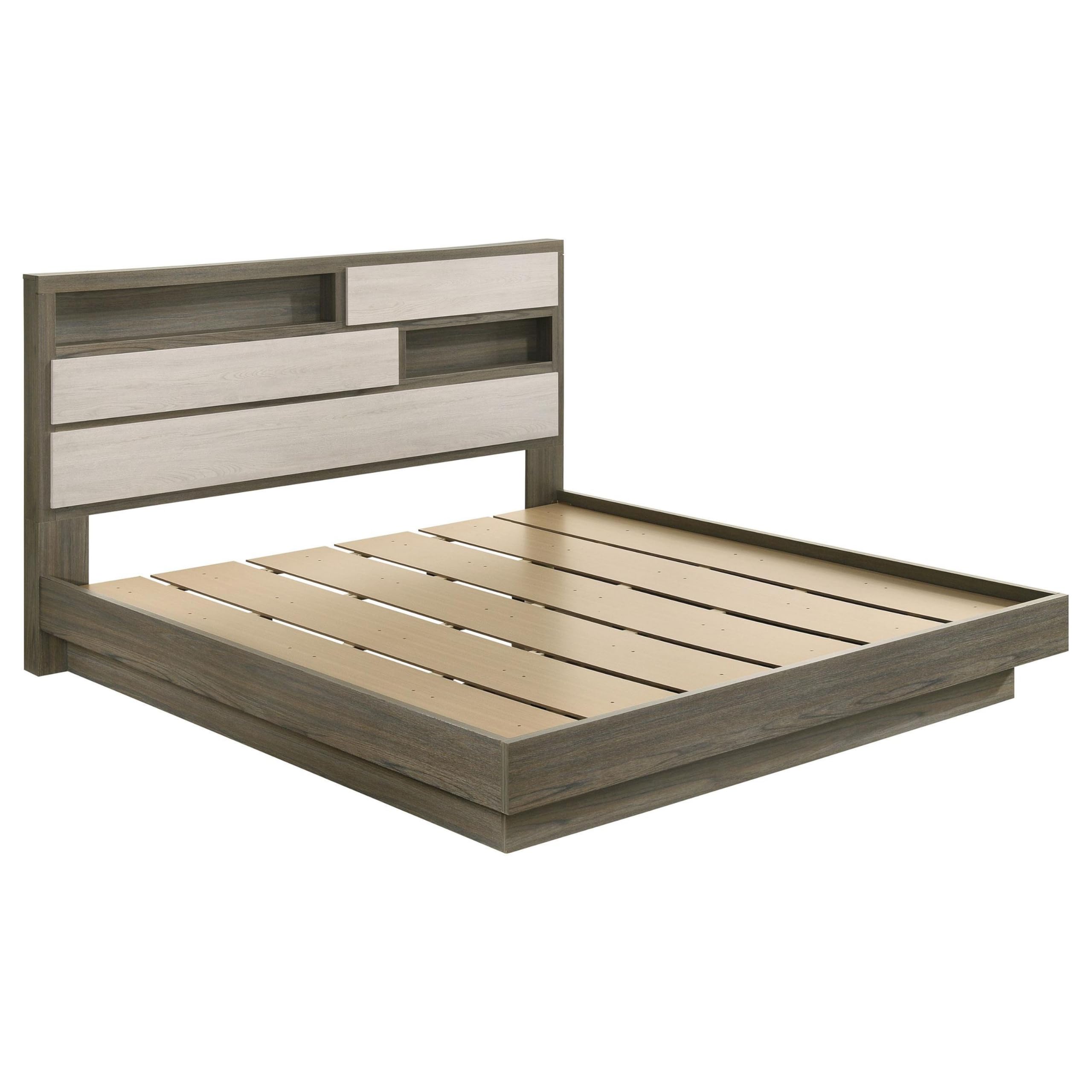 Fene King Size Bed, Bookcase Headboard, Wood Gray, Hidden Storage