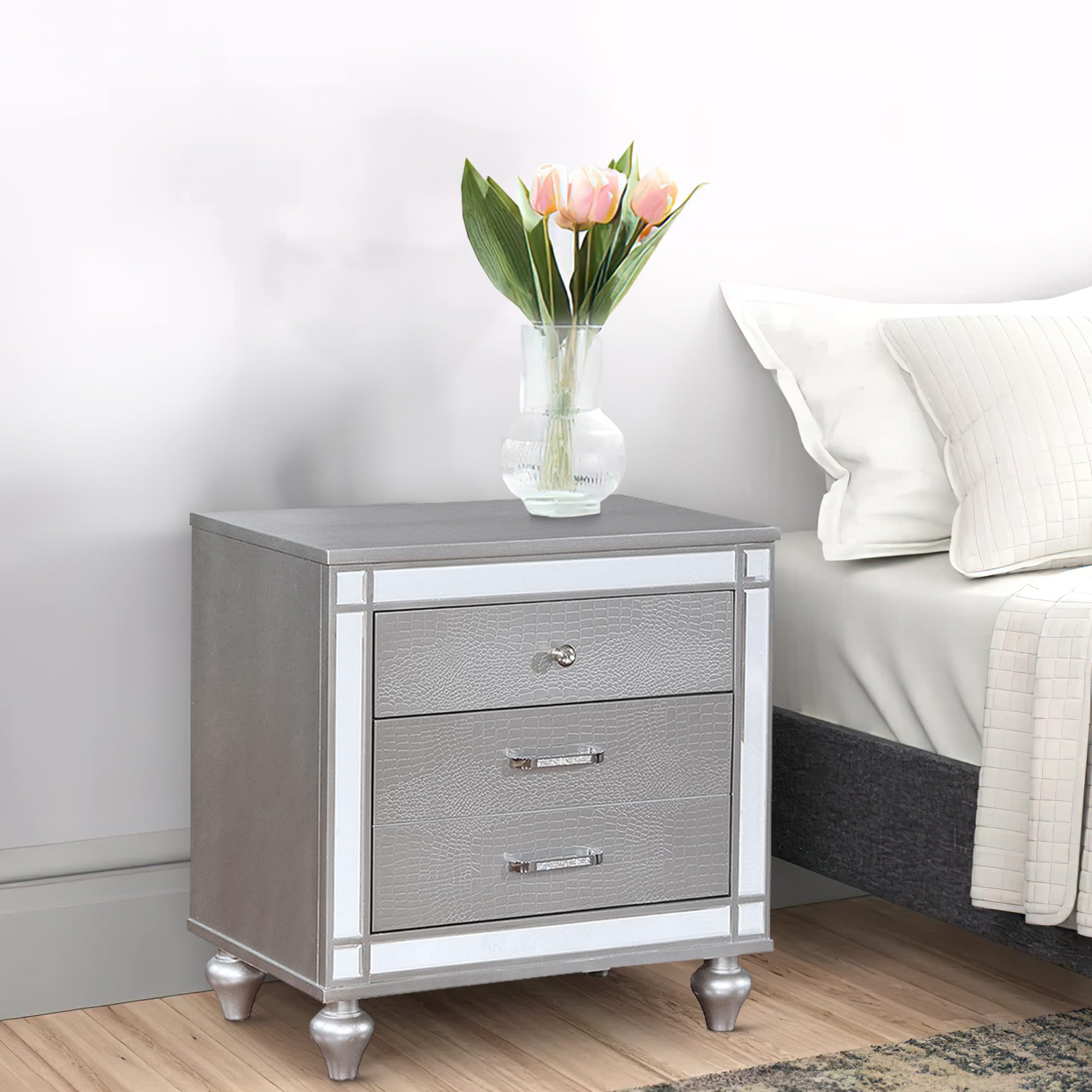 Three Drawer Solid Wood Nightstand with Mirror Accent Trim Front, Silver