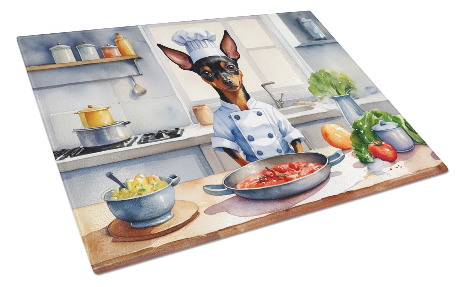 Carolines Treasures DAC6286LCB Miniature Pinscher The Chef Glass Cutting Board Decorative Tempered Glass Kitchen Cutting and Serving Board Large Size Chopping Board