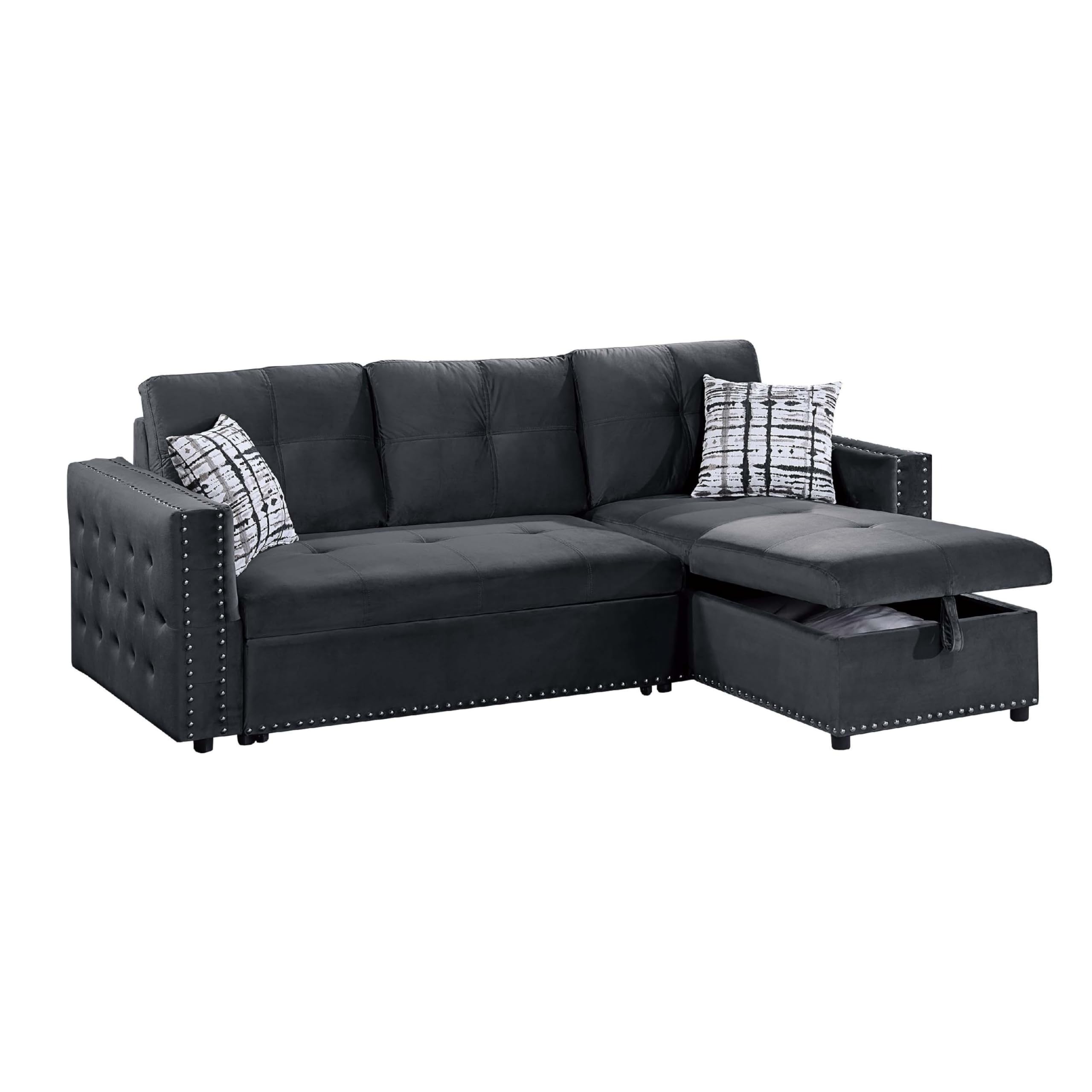 Ero Convertible Sectional Sofa, Storage Chaise, 2 Pillows Black Velvet