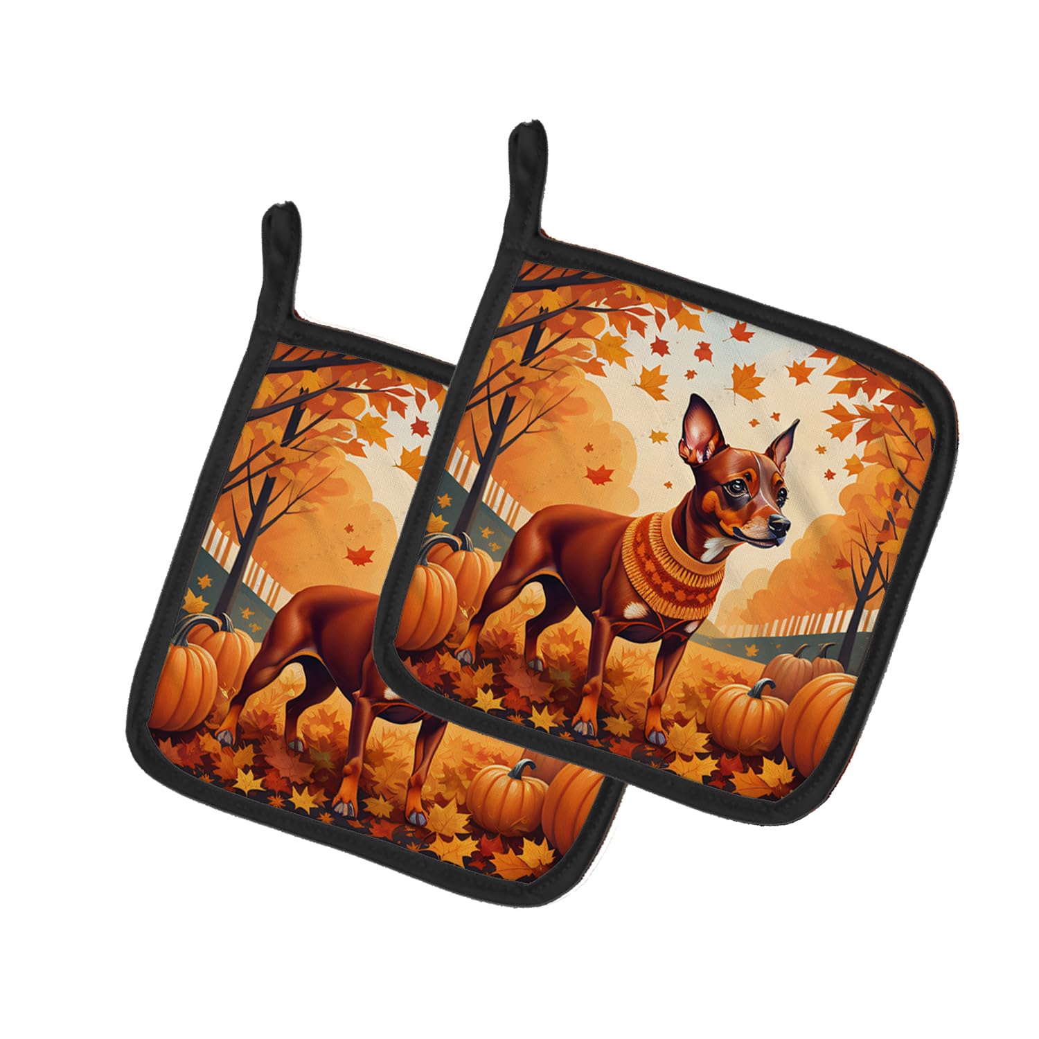 Red Miniature Pinscher Fall Pair of Pot Holders