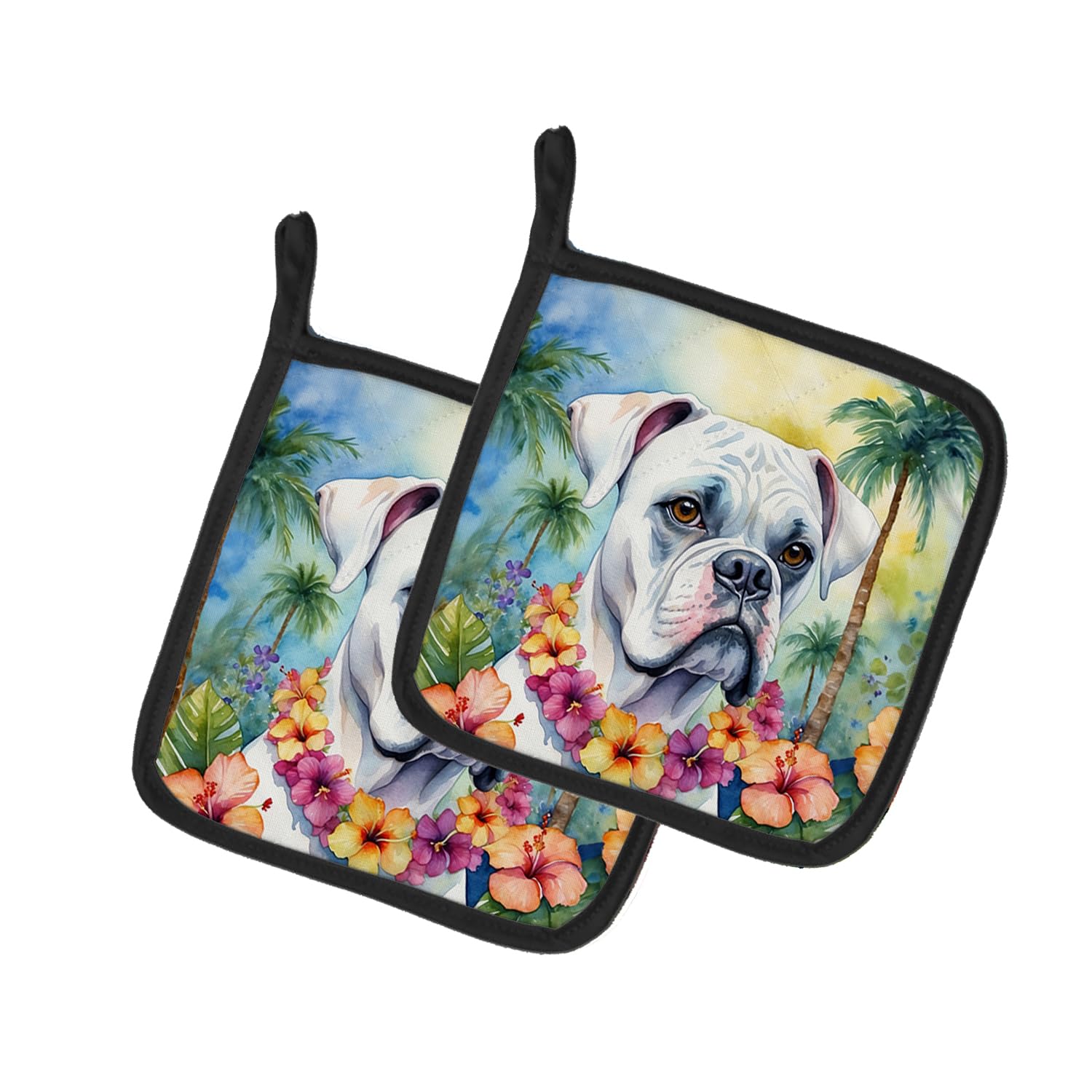 White Boxer Luau Pair of Pot Holders