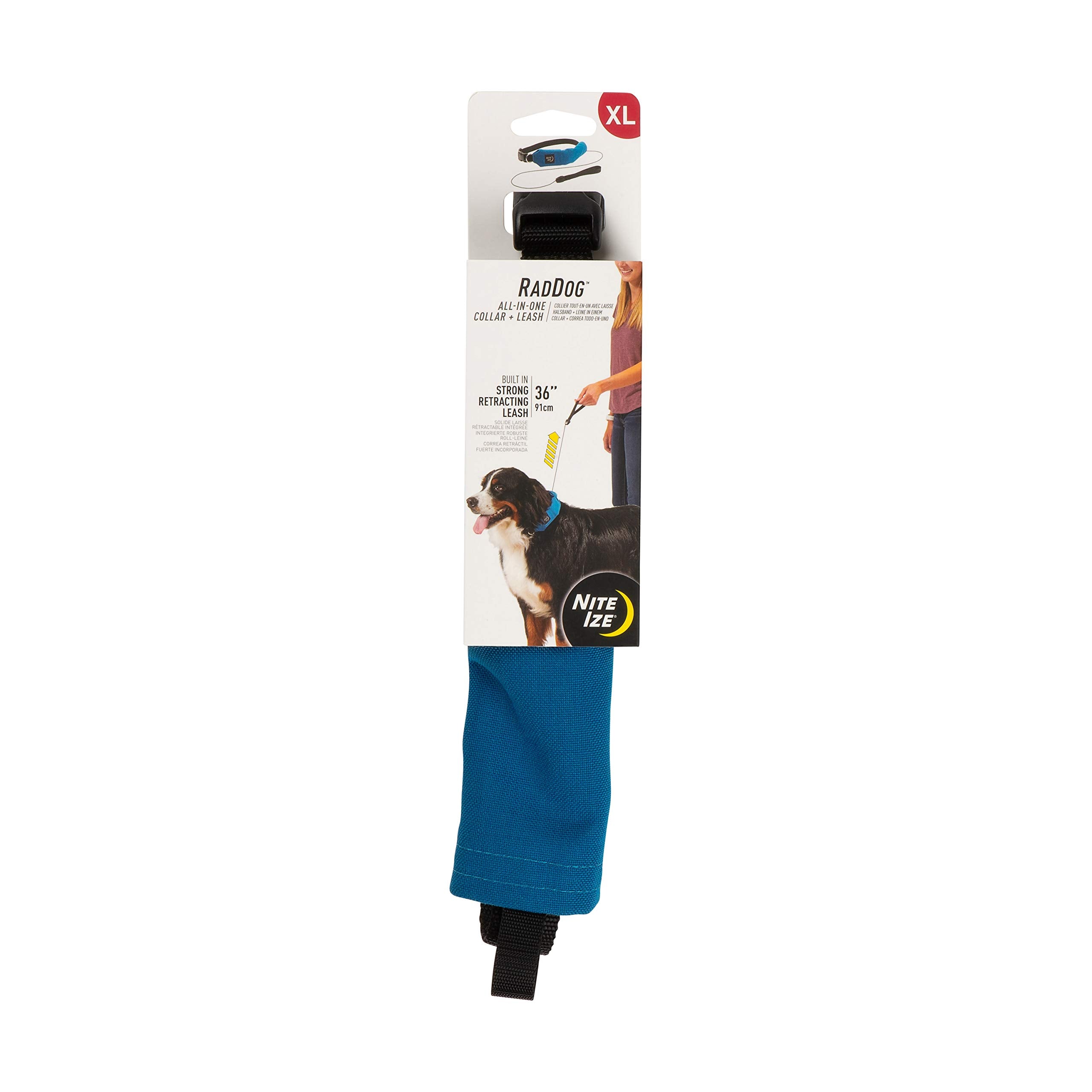 Nite Ize Raddog All-In-One Collar + Leash Combo, Dog Collar With Built-In Retractable Leash, Blue, X-Large 20-25