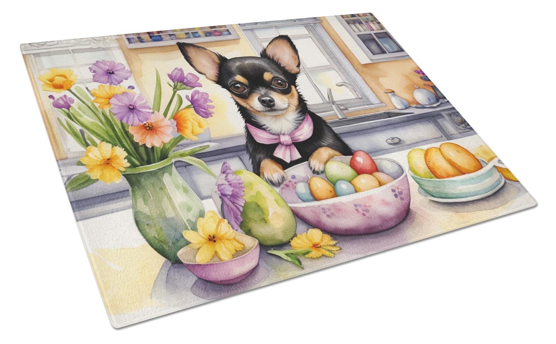 Carolines Treasures DAC6788LCB Decorating Easter Chihuahua Glass Cutting Board Decorative Tempered Glass Kitchen Cutting and Serving Board Large Size Chopping Board