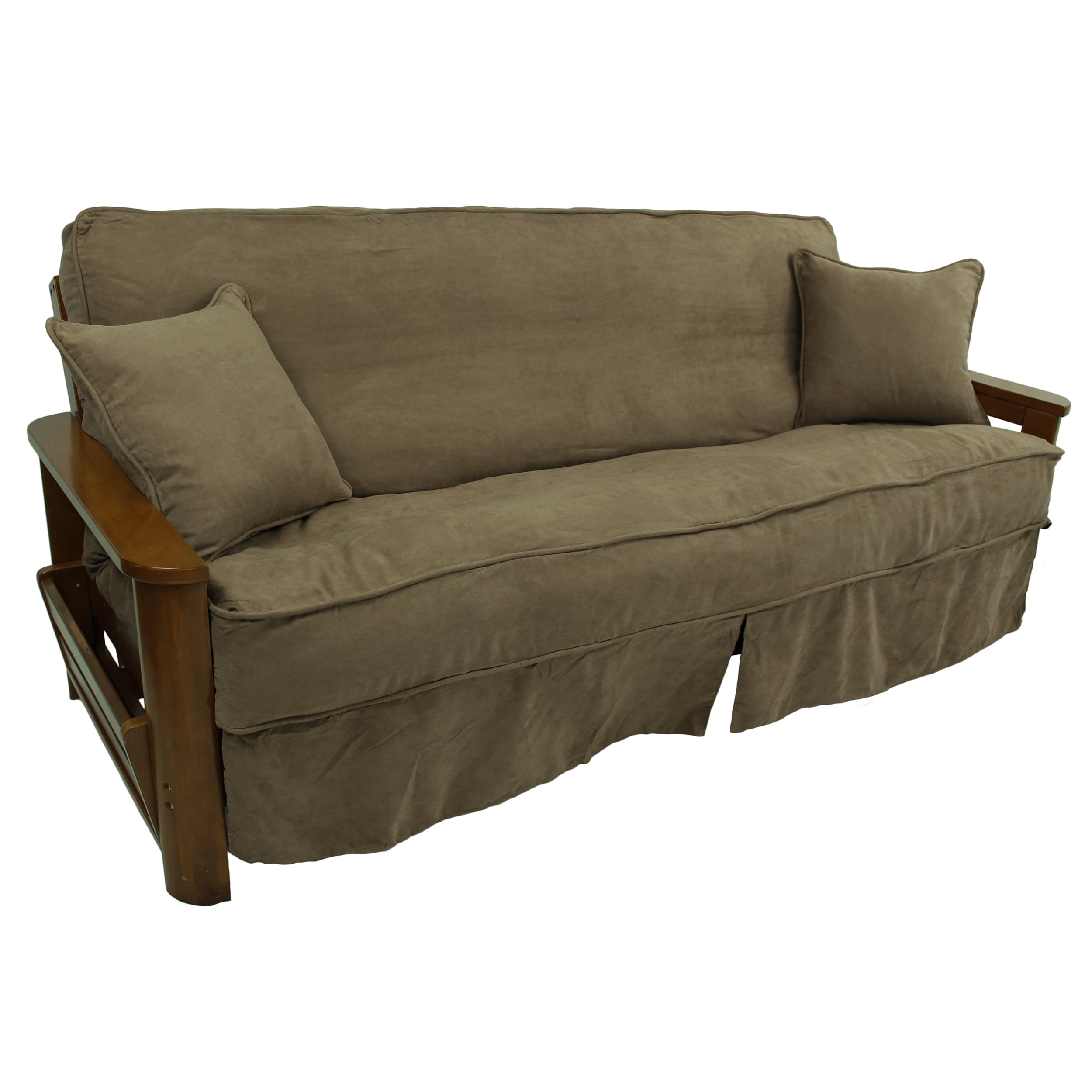 Solid Microsuede Double Corded 8 to 9-inch Full Futon Slipcover Set with Two 18-inch Throw Pillows (Set of 3) - Java