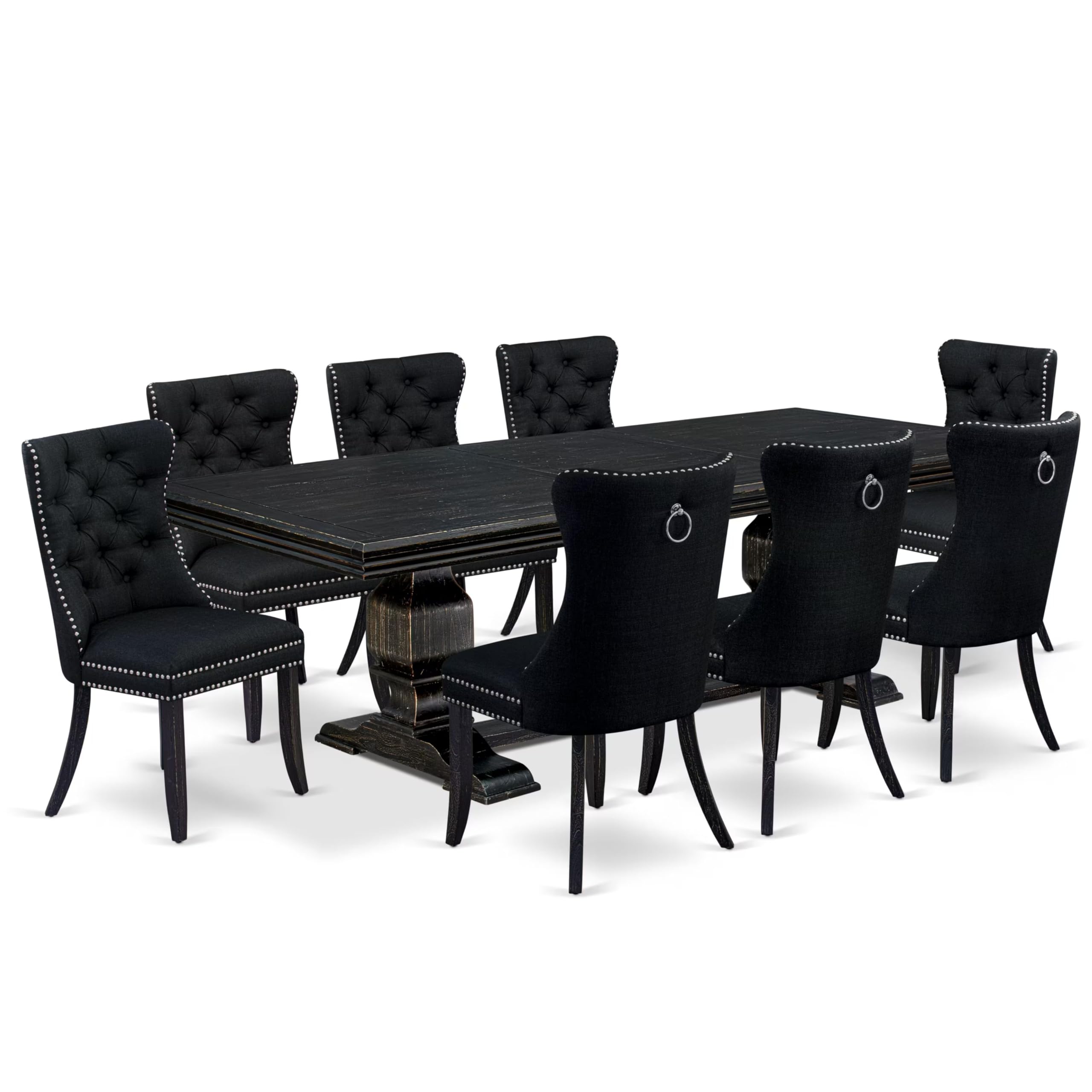 9 piece dining room set of a rectangular table and 8 Linen Fabric dining chairs