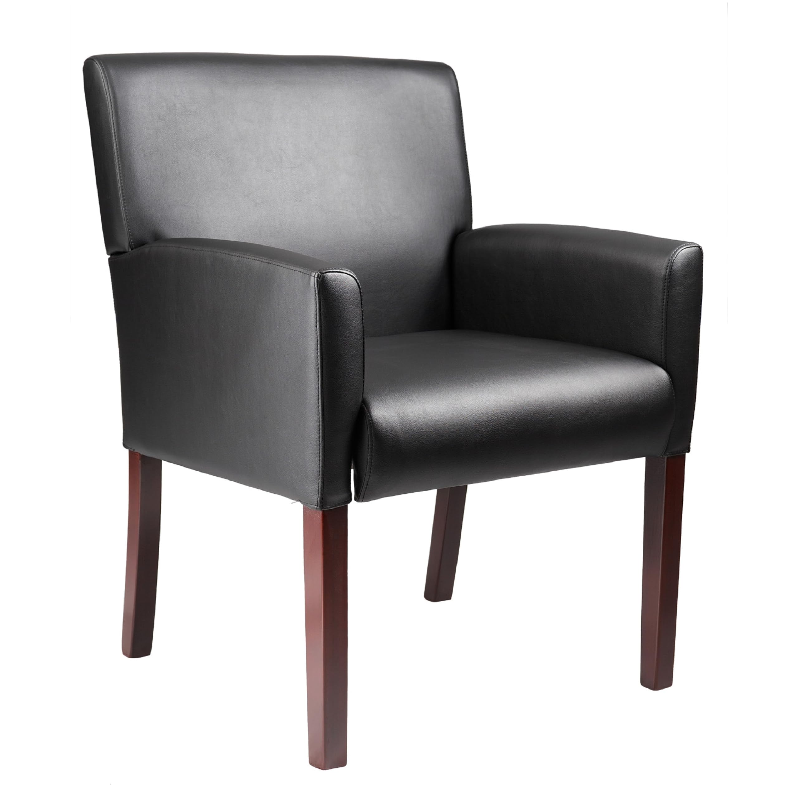 Nick Reception Guest Armchair, Soft Black Vinyl, Mahogany Brown Finish