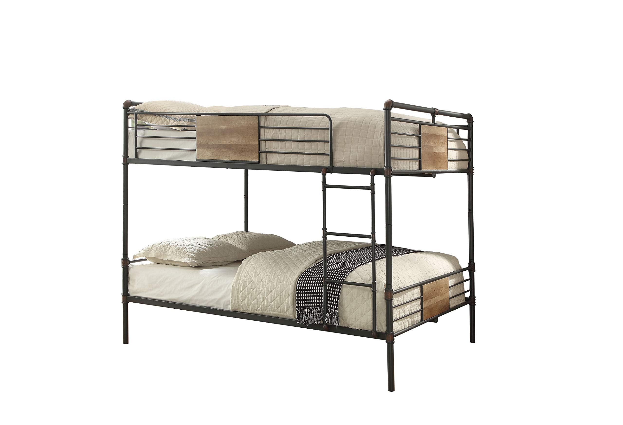 Queen Over Queen Size Metal Bunk Bed with Ladder, Black and Brown