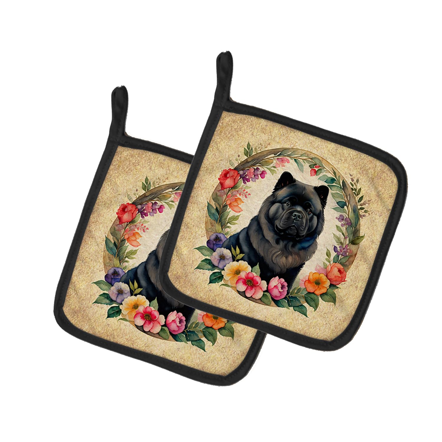 Black Chow Chow and Flowers Pair of Pot Holders