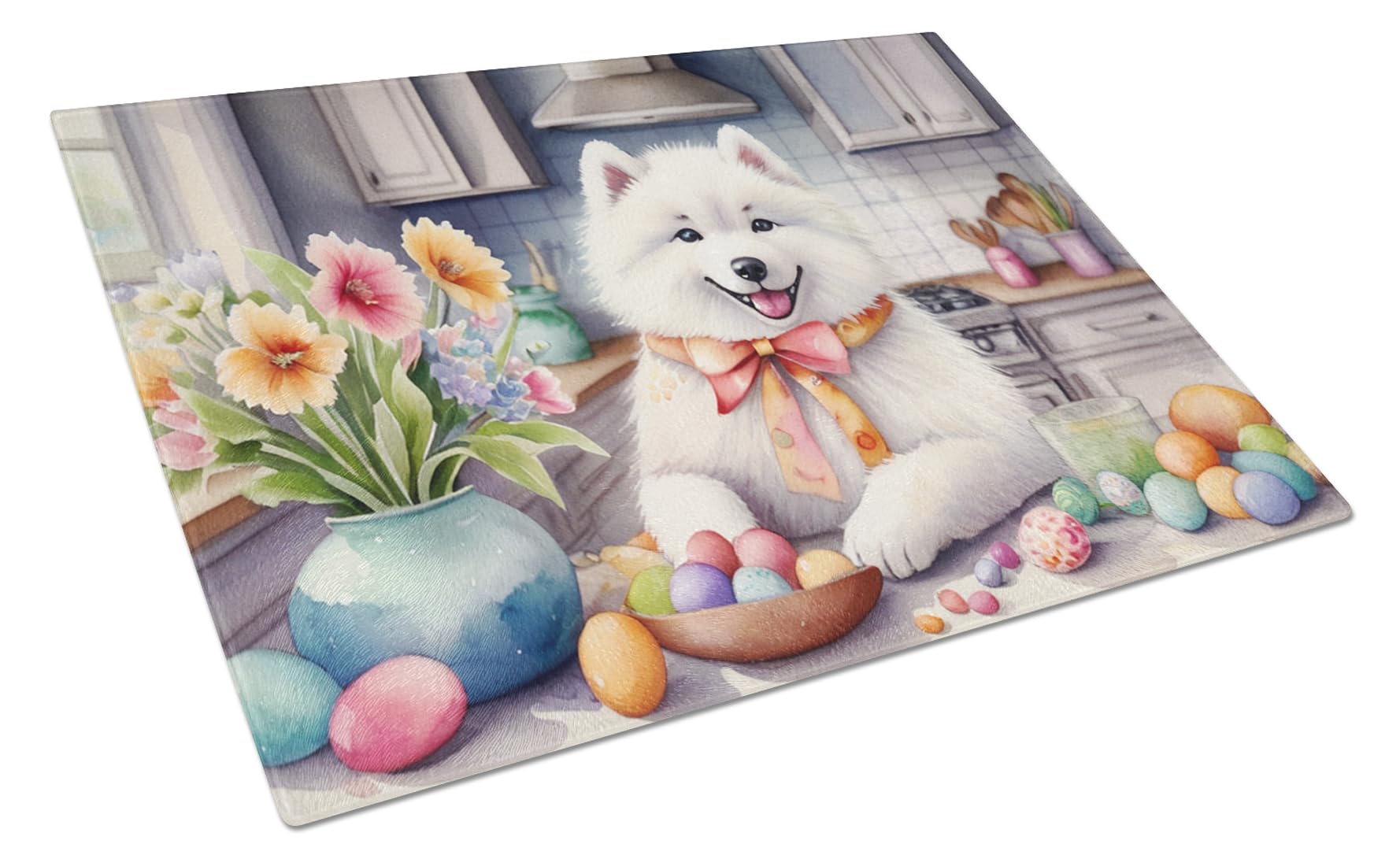 Carolines Treasures DAC6890LCB Decorating Easter Samoyed Glass Cutting Board Decorative Tempered Glass Kitchen Cutting and Serving Board Large Size Chopping Board