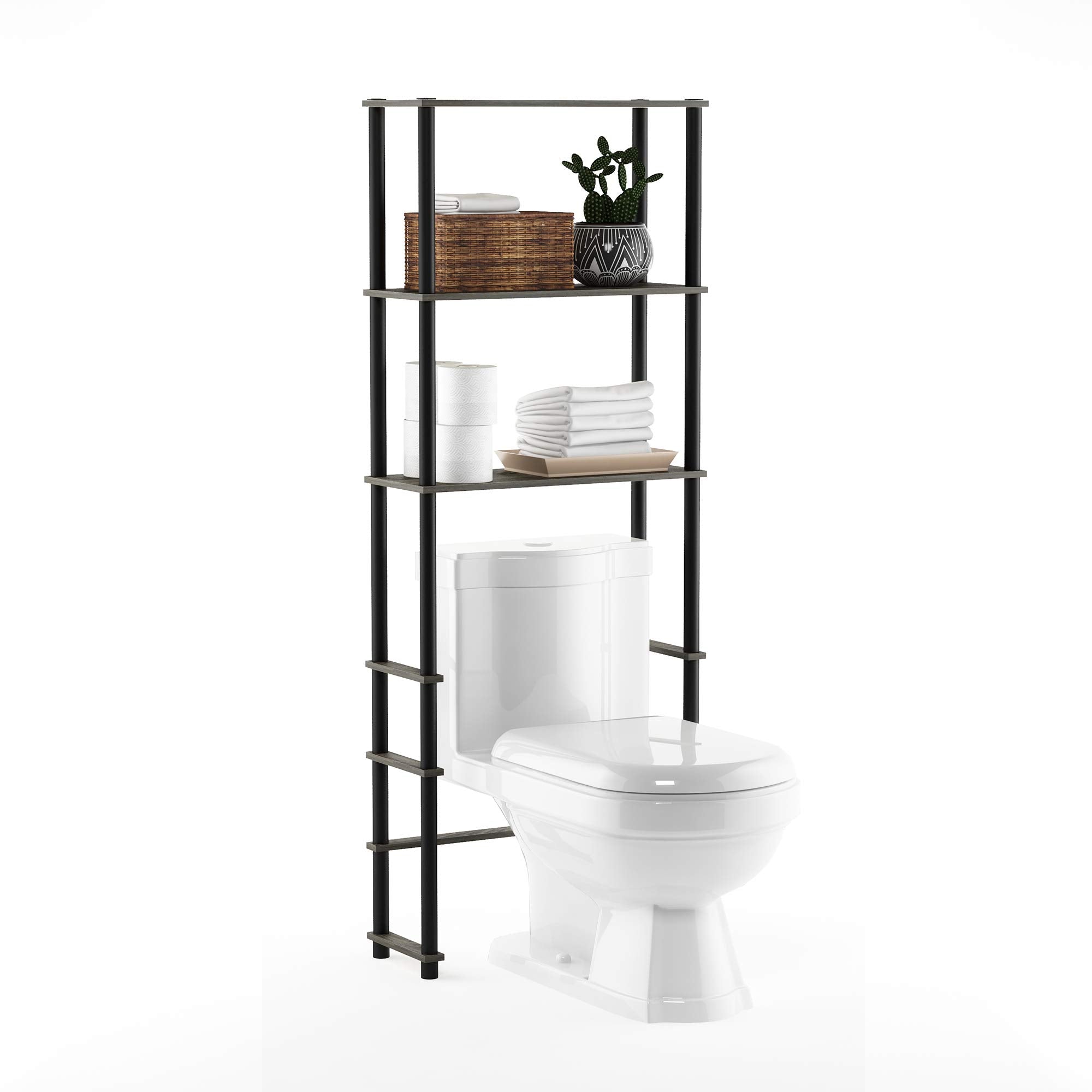 Furinno Turn-N-Tube Toilet Space Saver with 3 Shelves, French Oak Grey/Black, 99763GYW/BK