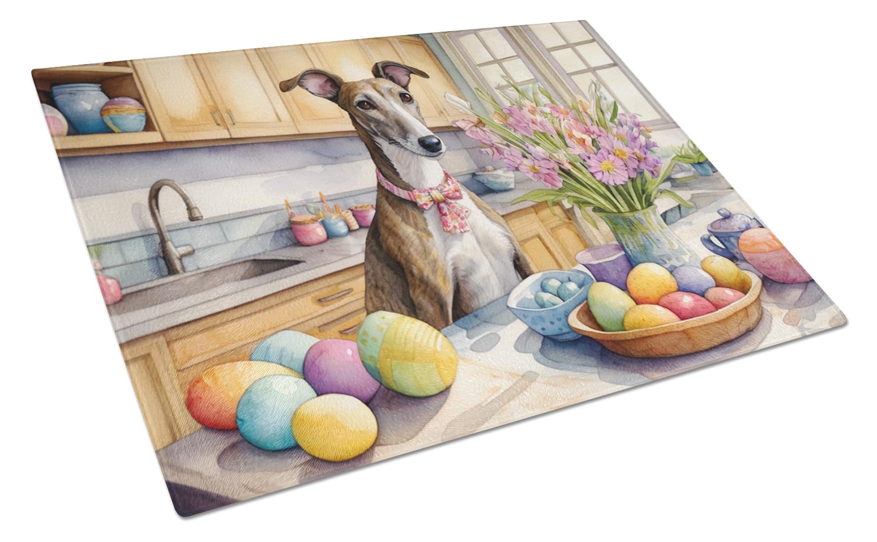 Carolines Treasures DAC6831LCB Decorating Easter Greyhound Glass Cutting Board Decorative Tempered Glass Kitchen Cutting and Serving Board Large Size Chopping Board