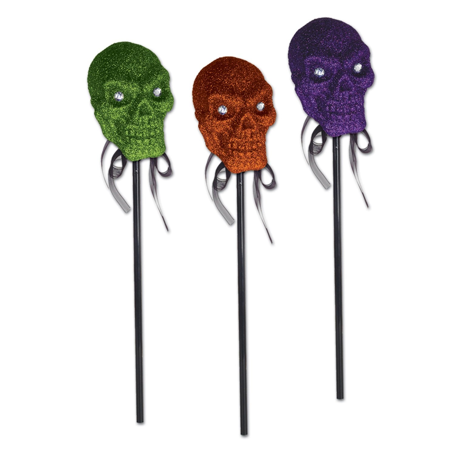 Glittered Plastic Skulls w/Stick (Pack of 12)