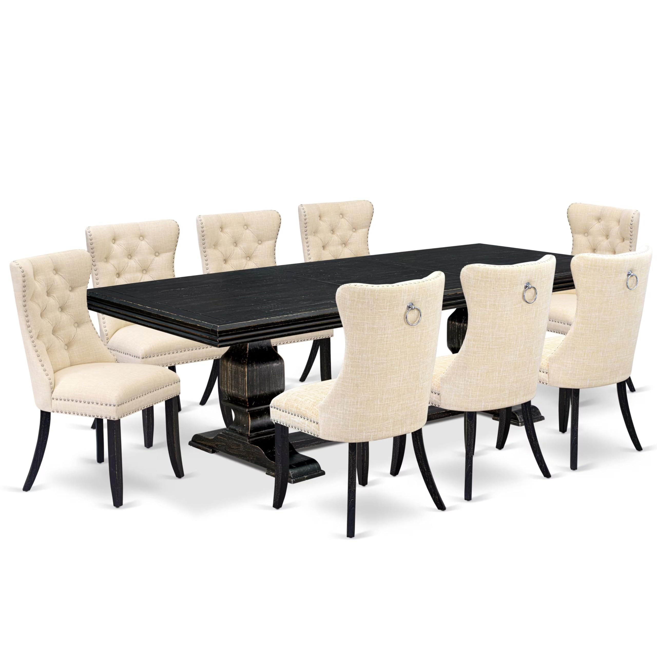 9 piece dining set consists of a wooden table and 8 Linen Fabric dining chairs