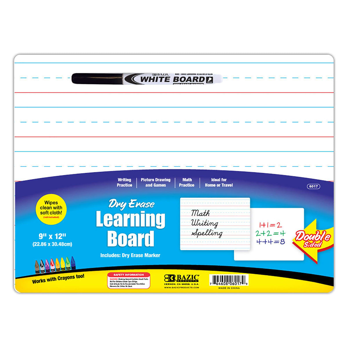 Bazic Dry Erase Lap Board 9X12 & Marker, Double Sided Primary Ruled & Blank, Small Portable Whiteboards For Kids Student Teacher