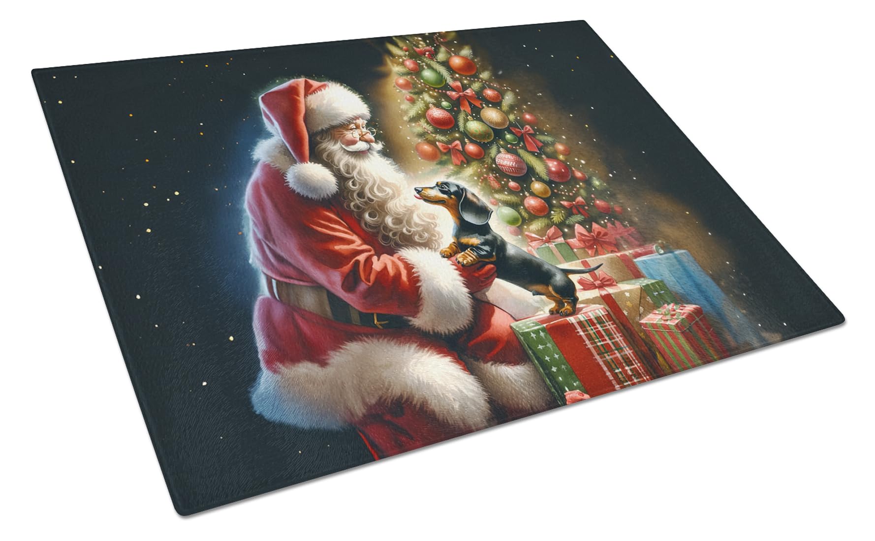 Carolines Treasures DAC4102LCB Dachshund and Santa Claus Glass Cutting Board Decorative Tempered Glass Kitchen Cutting and Serving Board Large Size Chopping Board