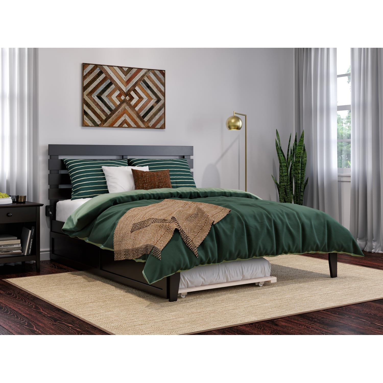 AFI Oxford Queen Size Platform Bed with Twin XL Trundle & Charging Station in Espresso