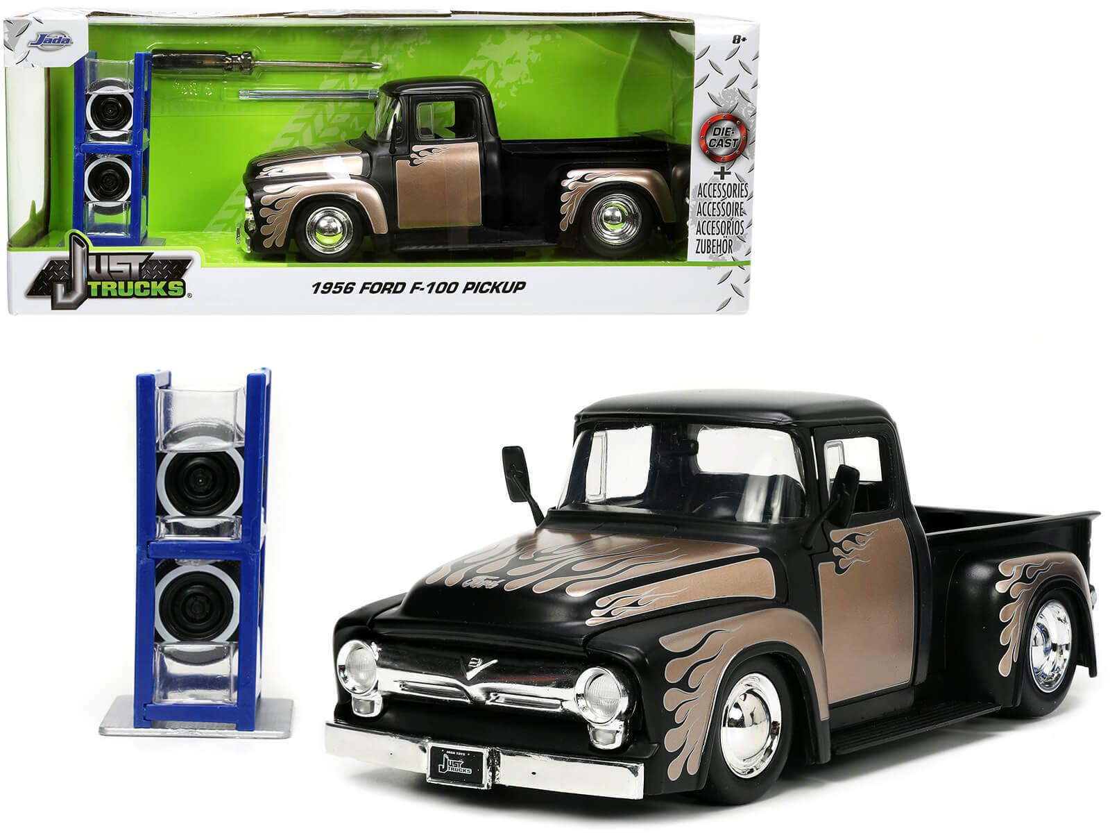 1956 Ford F-100 Pickup Truck Matt Black and Champagne with Flames with Extra Wheels Just Trucks Series 1/24 Diecast Model Car by Jada