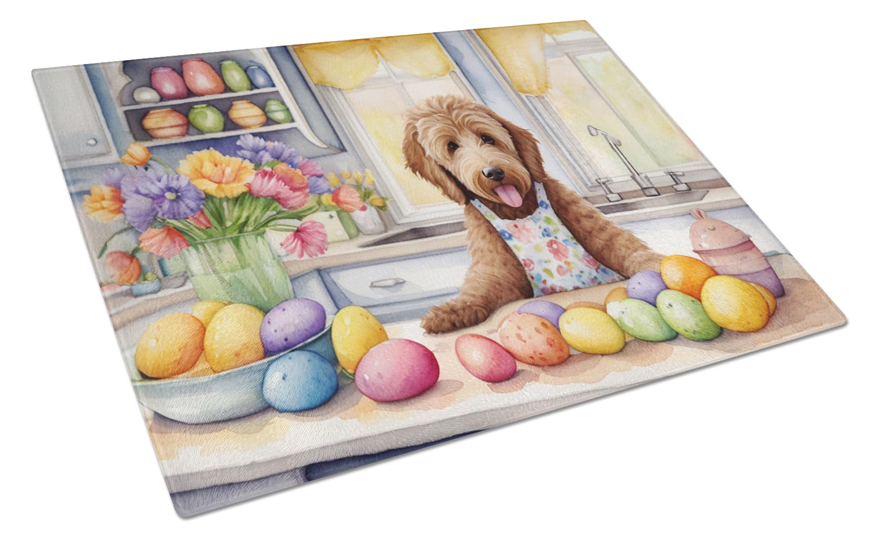 Carolines Treasures DAC6843LCB Decorating Easter Labradoodle Glass Cutting Board Decorative Tempered Glass Kitchen Cutting and Serving Board Large Size Chopping Board