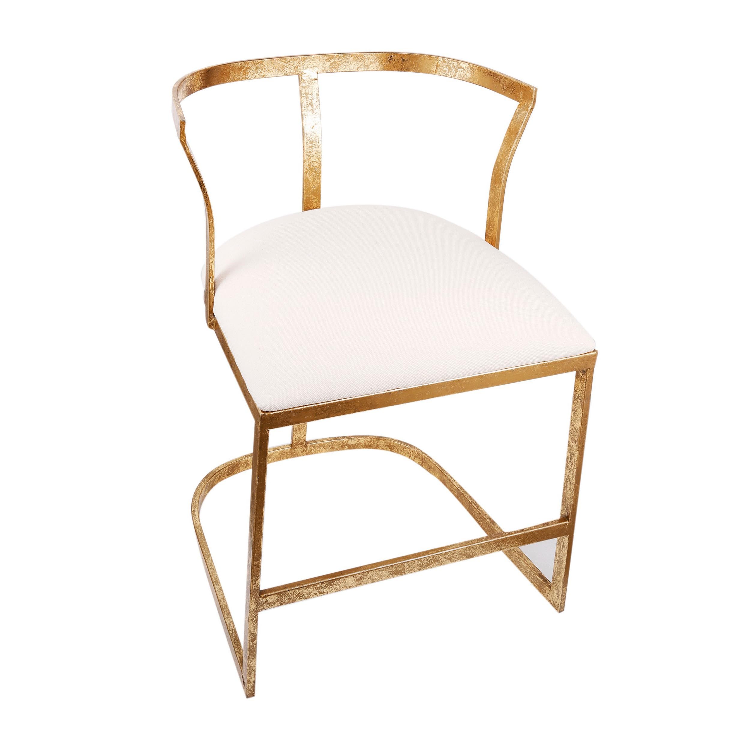 20 Inch Curved Accent Chair, Padded Seat, Open Metal Frame, Gold, White