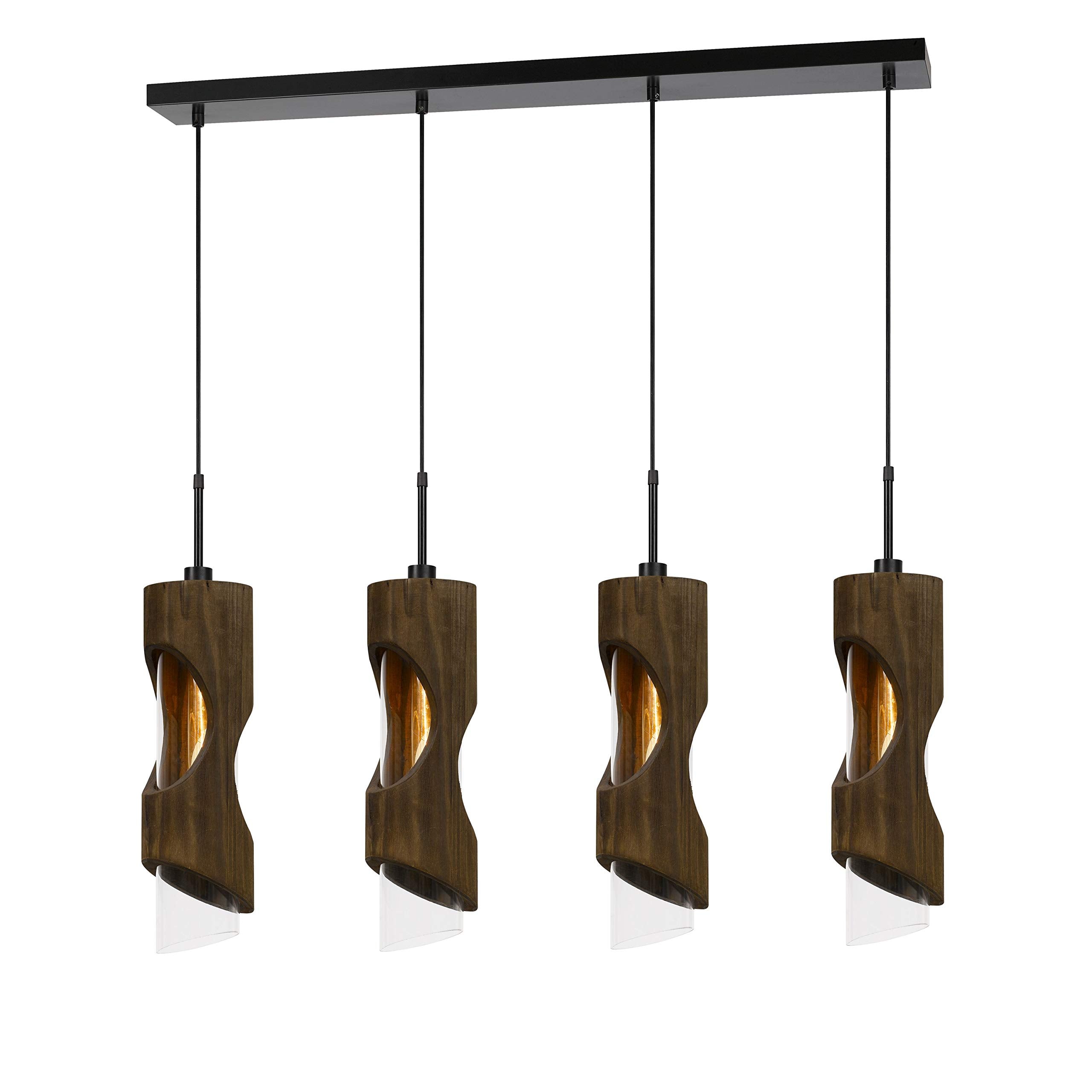 Benjara 4 Light Metal Frame Pendant Fixture With Wooden And Glass Shades, Brown