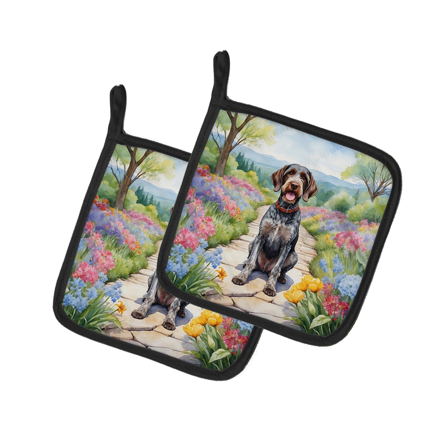 German Wirehaired Pointer Spring Path Pair of Pot Holders