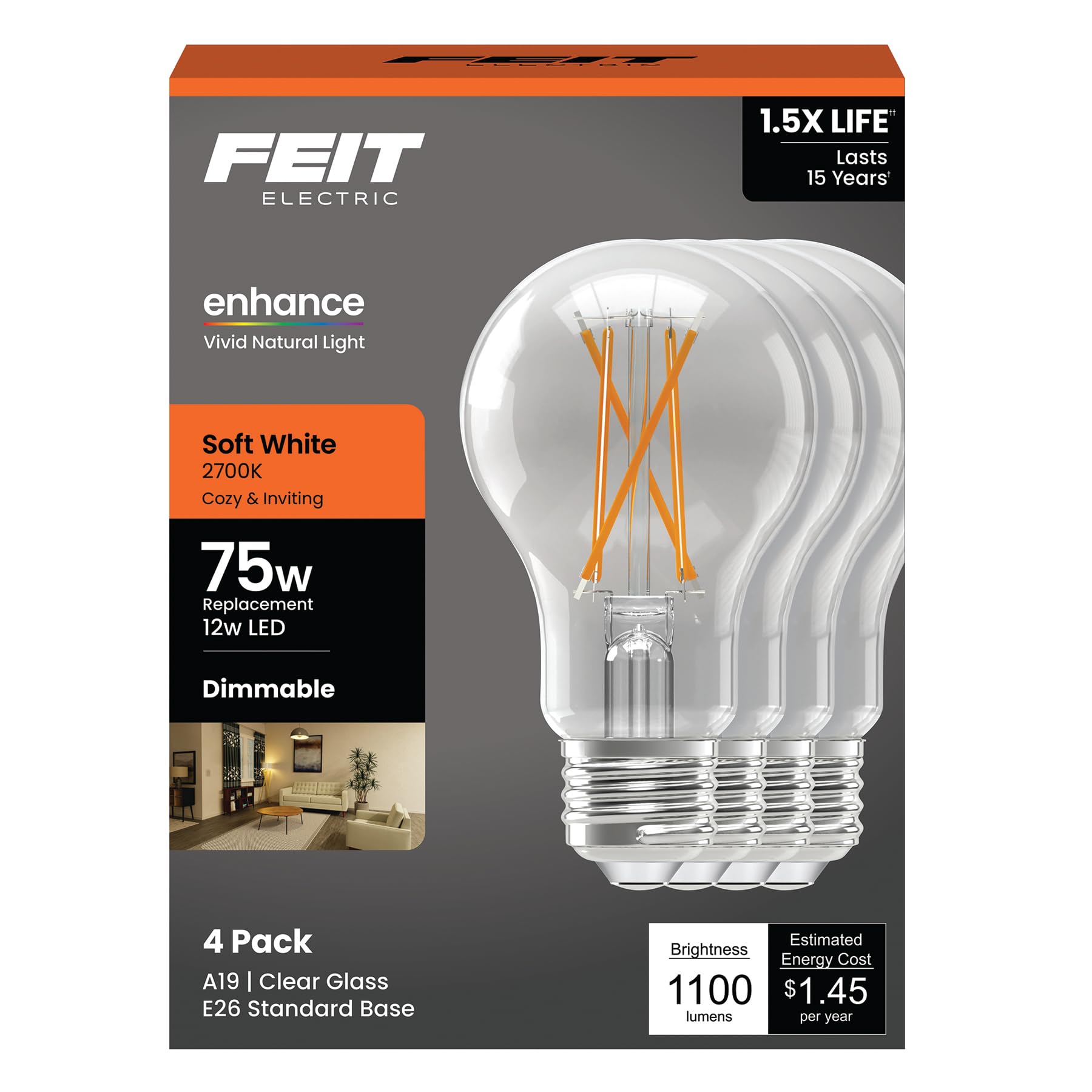 Feit A19 E26 (Medium) Filament LED Bulb Soft White 75 Watt Equivalence 4 pk