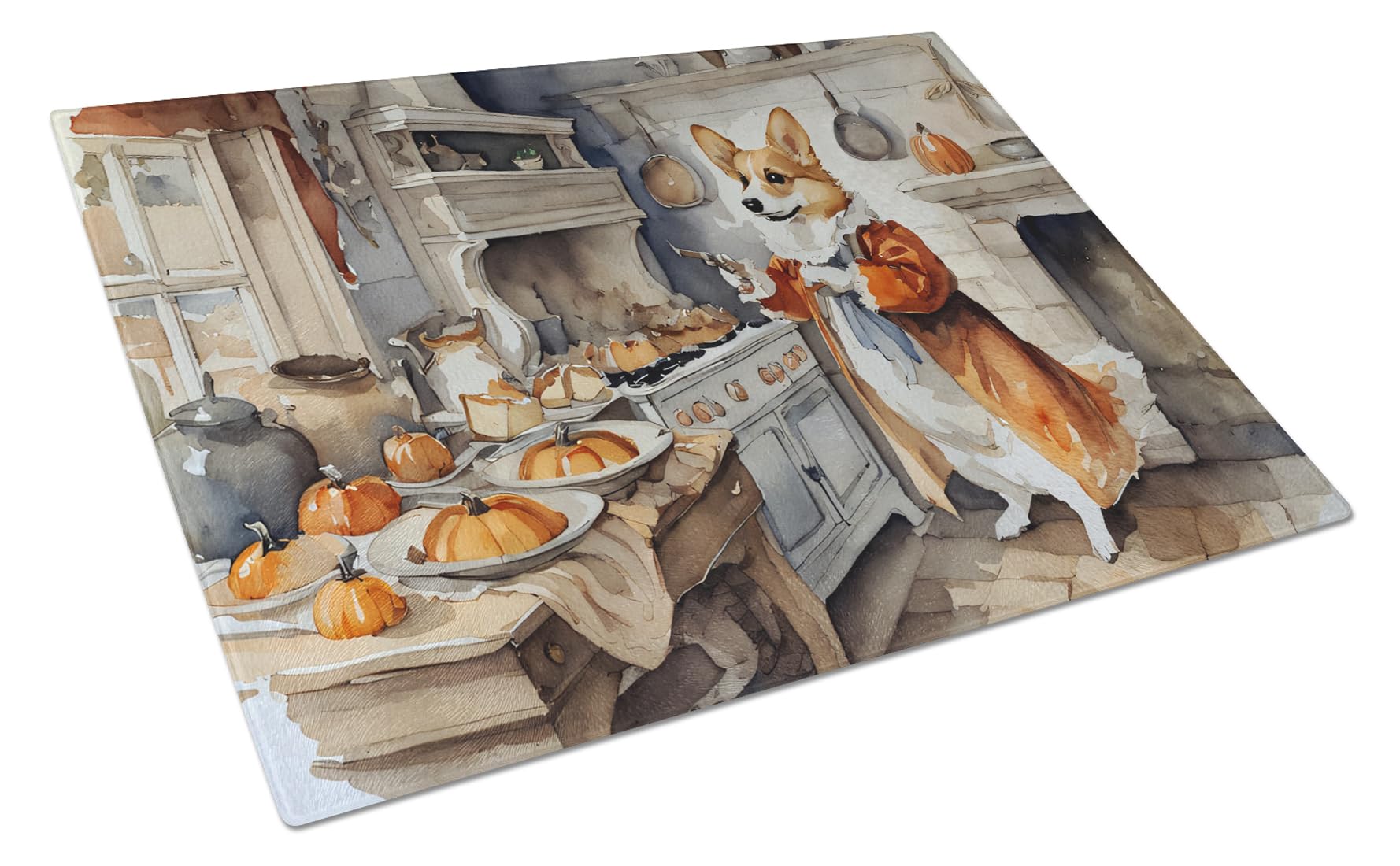 Carolines Treasures DAC1767LCB Corgi Fall Kitchen Pumpkins Glass Cutting Board Large Decorative Tempered Glass Kitchen Cutting and Serving Board Large Size Chopping Board