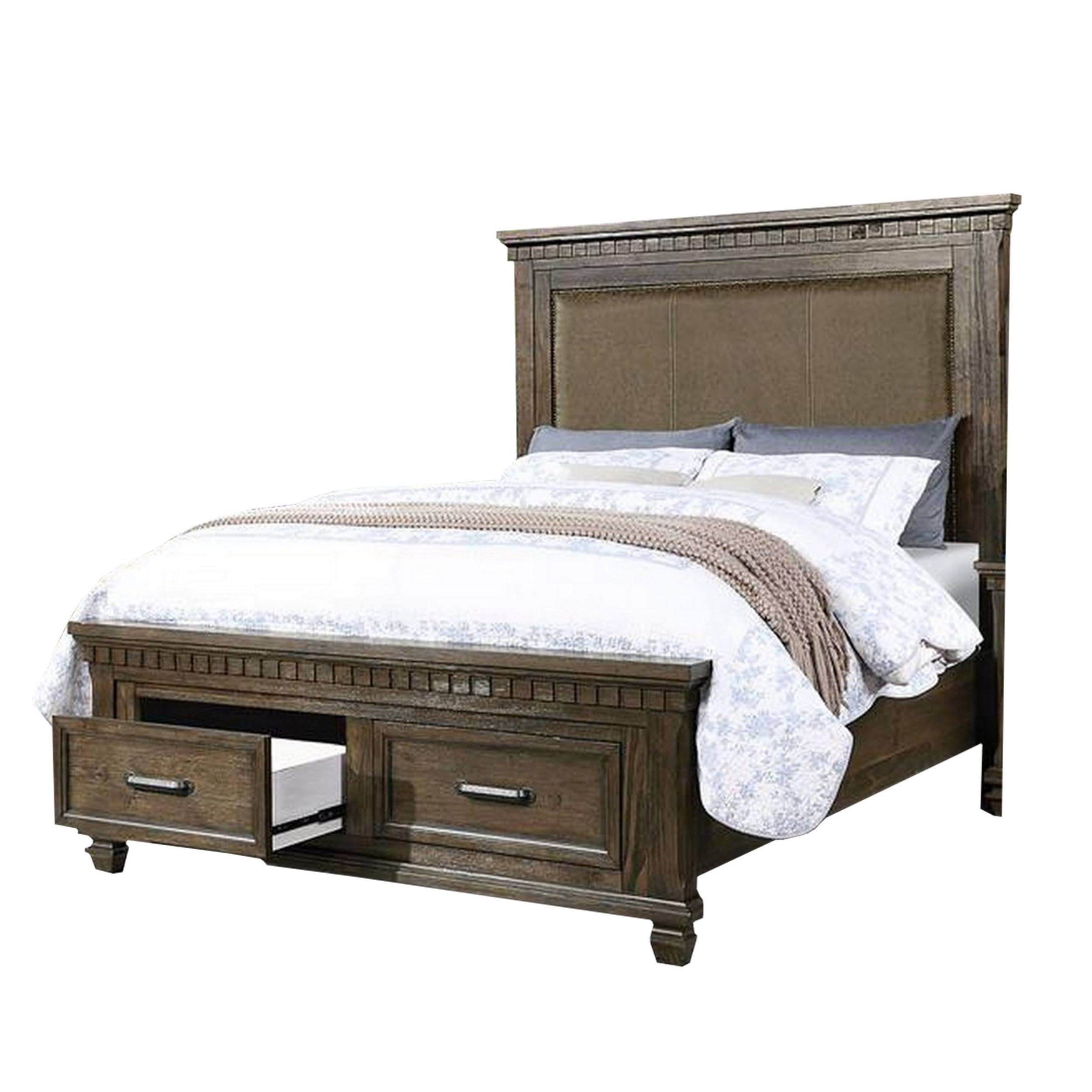 Ziv Classic Queen Size Bed with 2 Storage Drawers, Upholstered, Brown