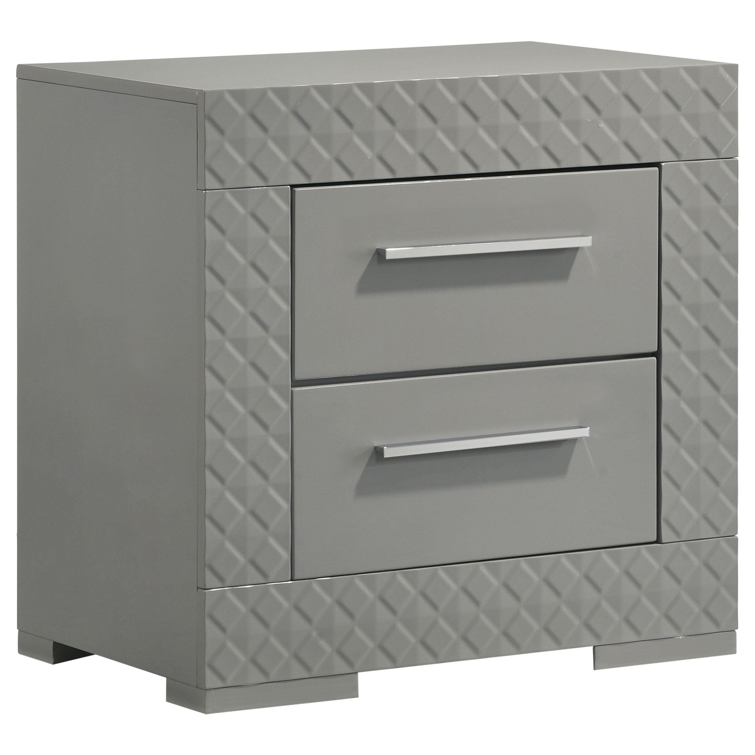 Ivon Nightstand, 2 Storage Drawers, 26 Inch Glossy Gray Hardwood
