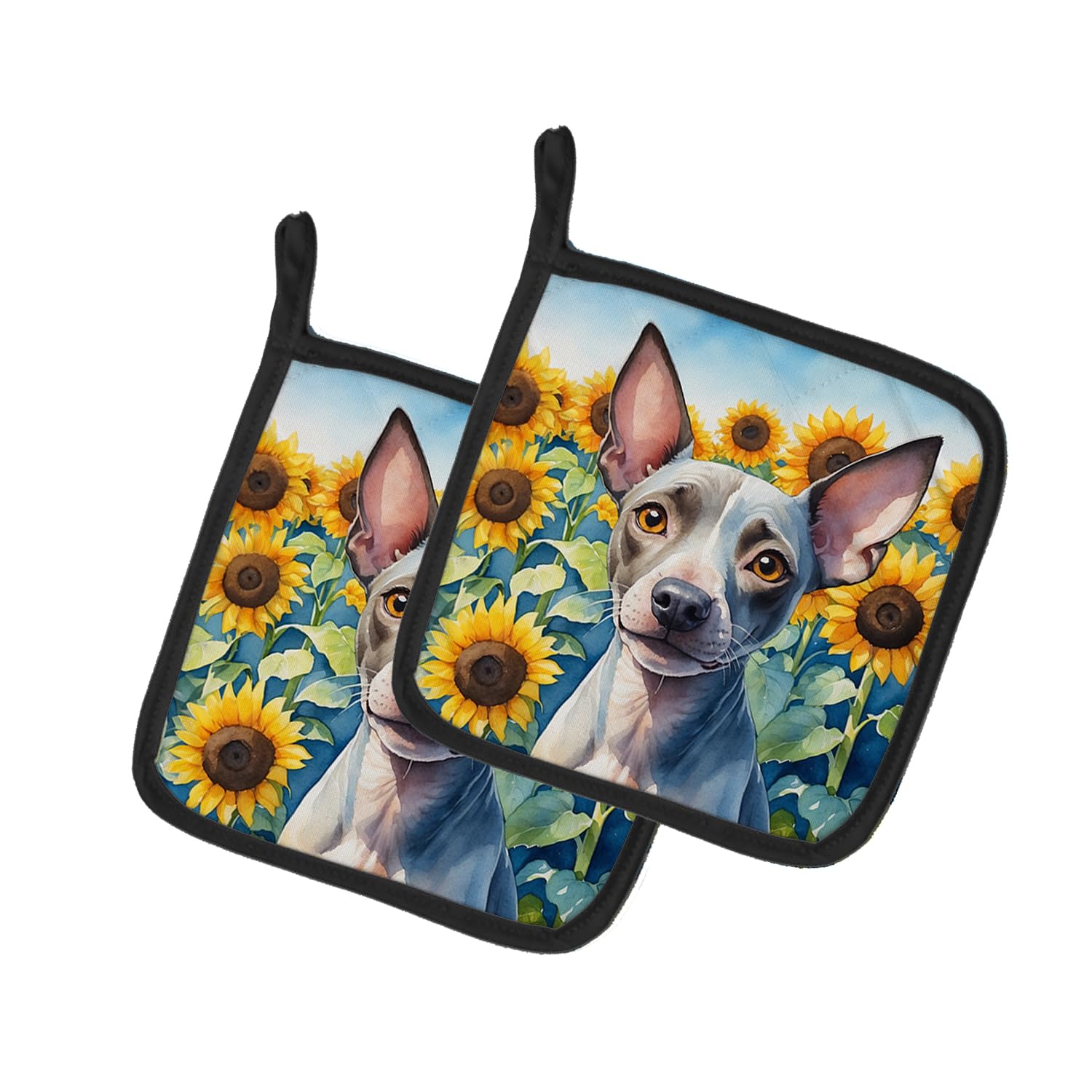 American Hairless Terrier in Sunflowers Pair of Pot Holders