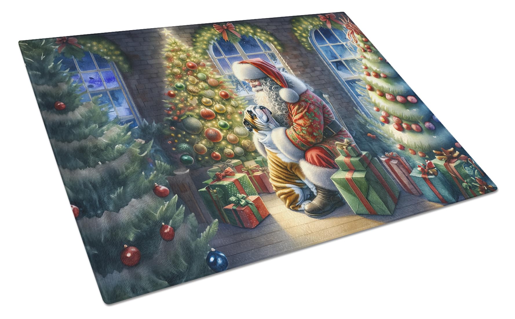 Carolines Treasures DAC4085LCB English Bulldog and Santa Claus Glass Cutting Board Decorative Tempered Glass Kitchen Cutting and Serving Board Large Size Chopping Board