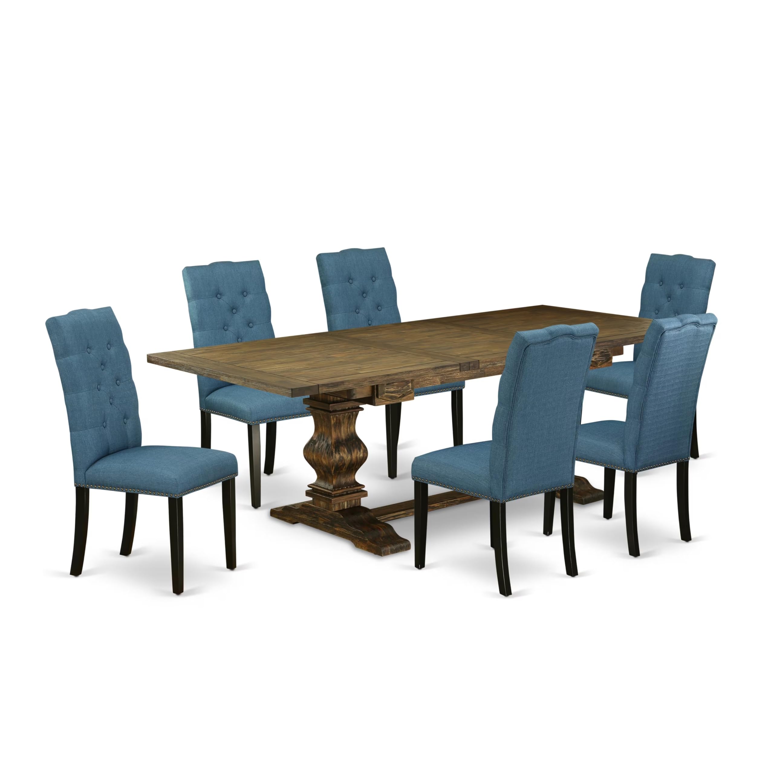 7-piece kitchen table set with Chairs Legs and Mineral Blue Linen Fabric