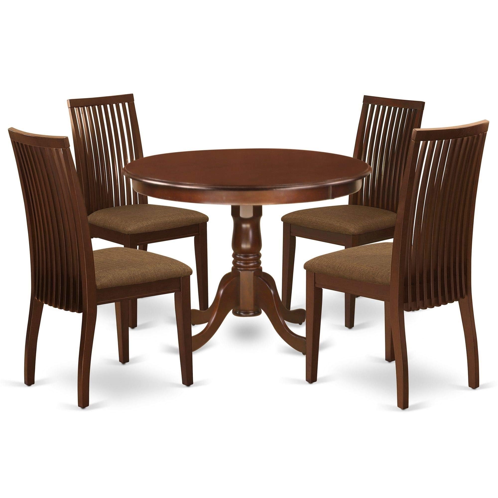 Casafoyer HLIP5-MAH-C 5 Piece Dinette Set for 4 Includes a Round Dining Room Table with Pedestal and 4 Linen Fabric Kitchen Dining Chairs, 42x42 Inch, Mahogany