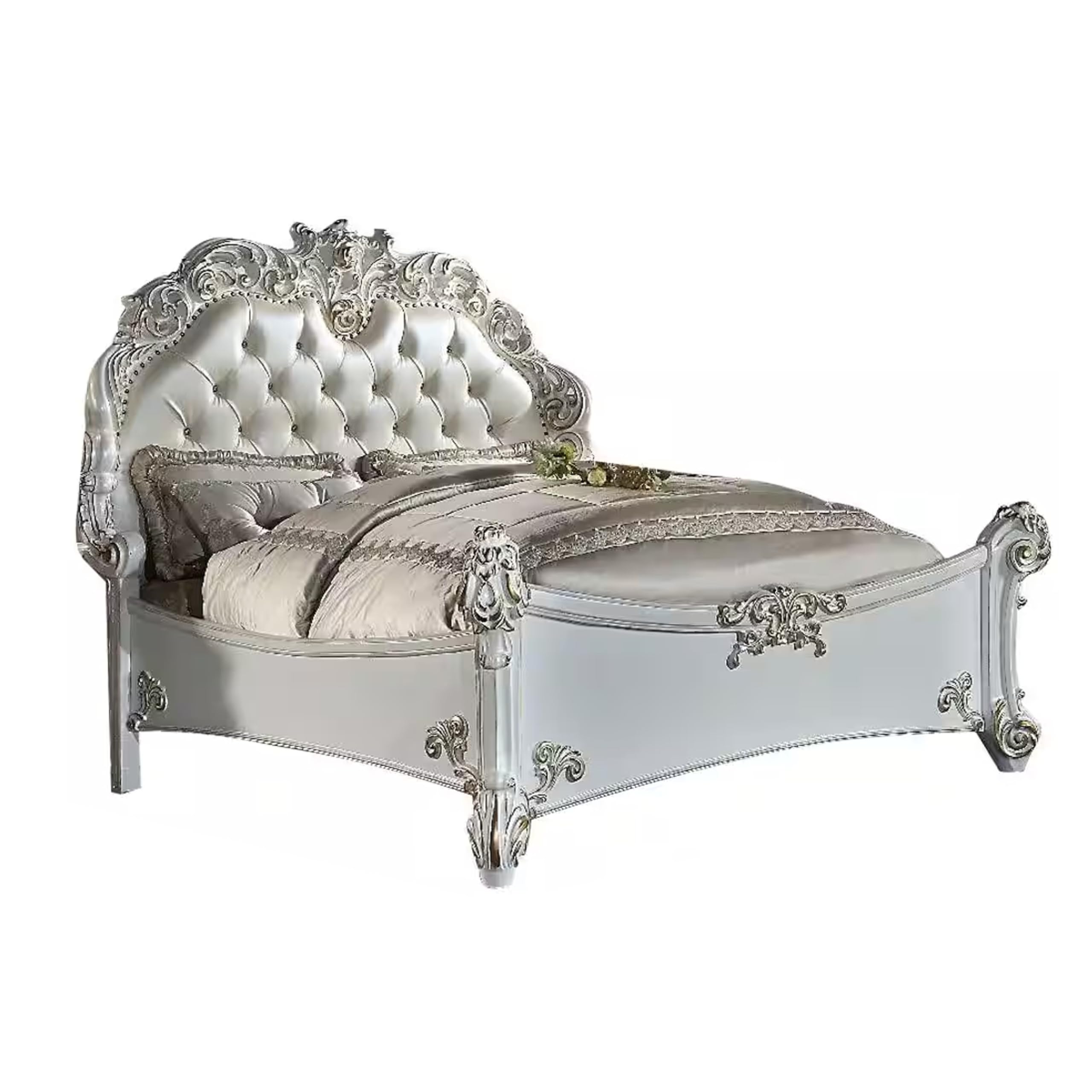 Antoine California King Bed, Pearl White Faux Leather Victorian Carved