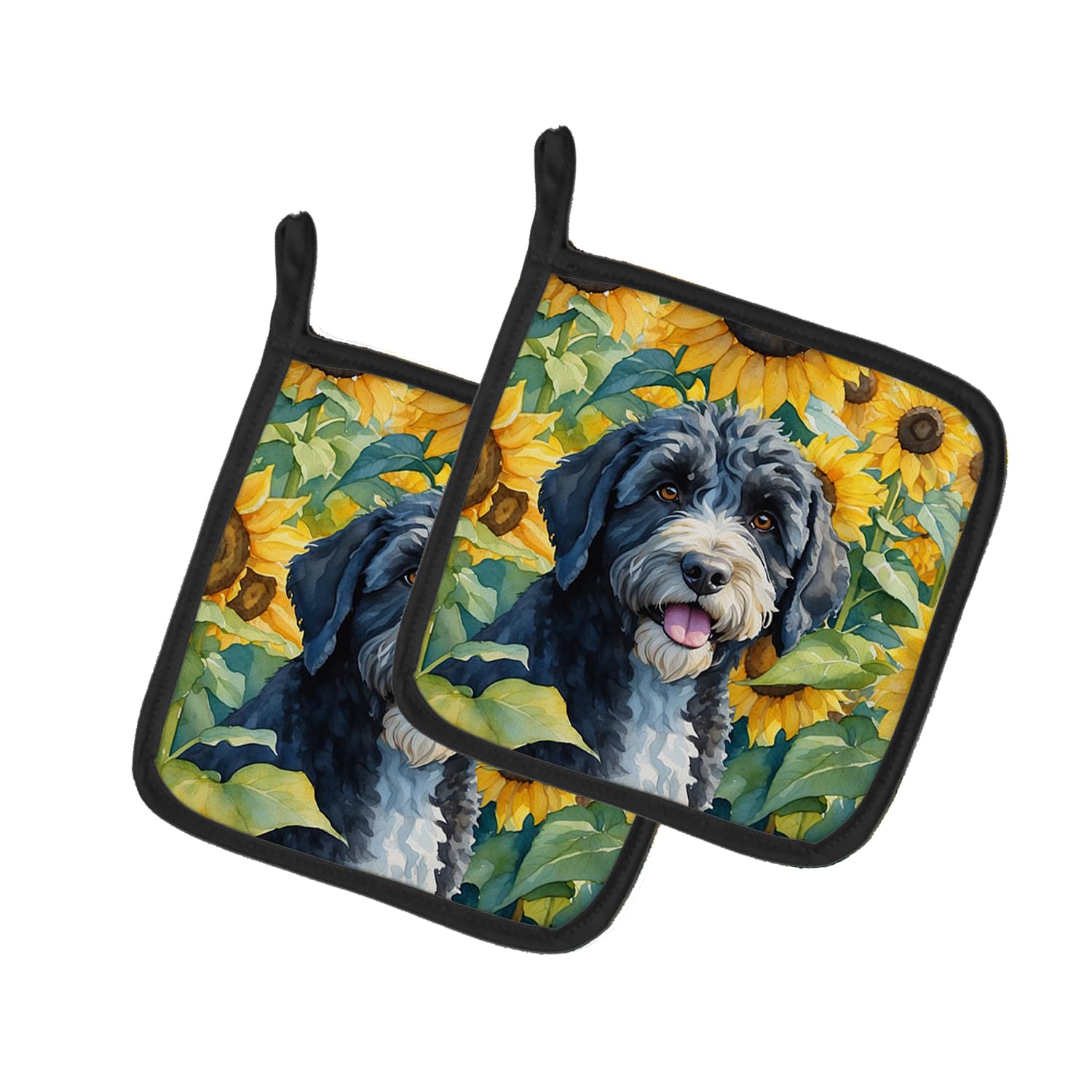 Portuguese Water Dog in Sunflowers Pair of Pot Holders