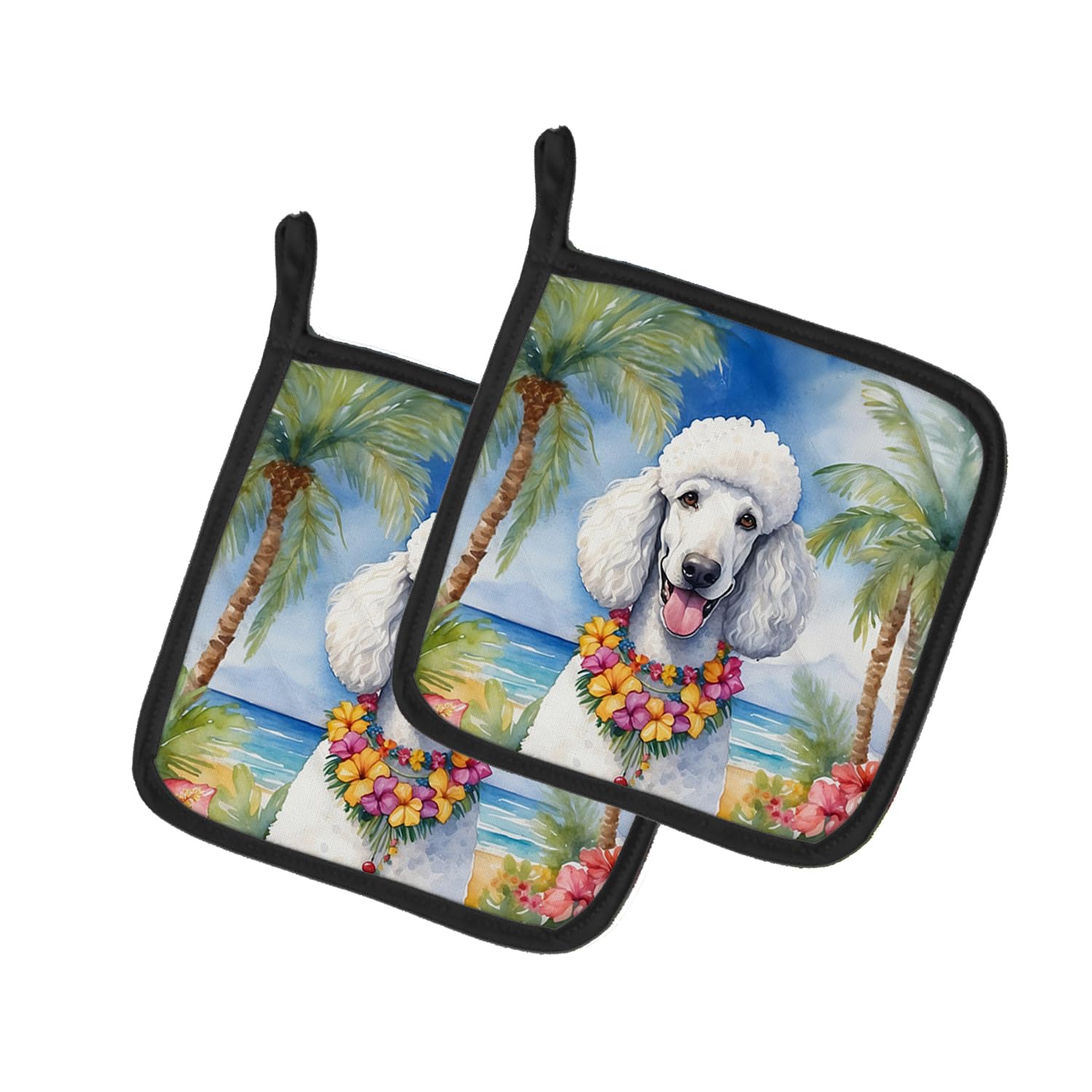 White Poodle Luau Pair of Pot Holders