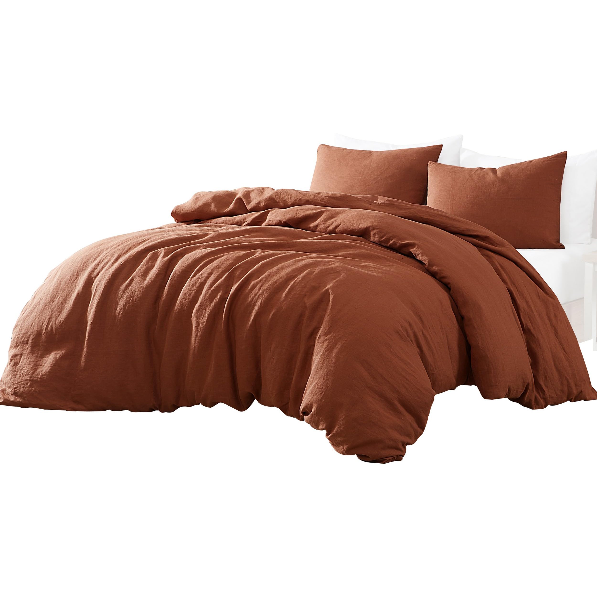 Edge 4 Piece Queen Size Duvet Comforter Set, Washed Linen, Rust Orange