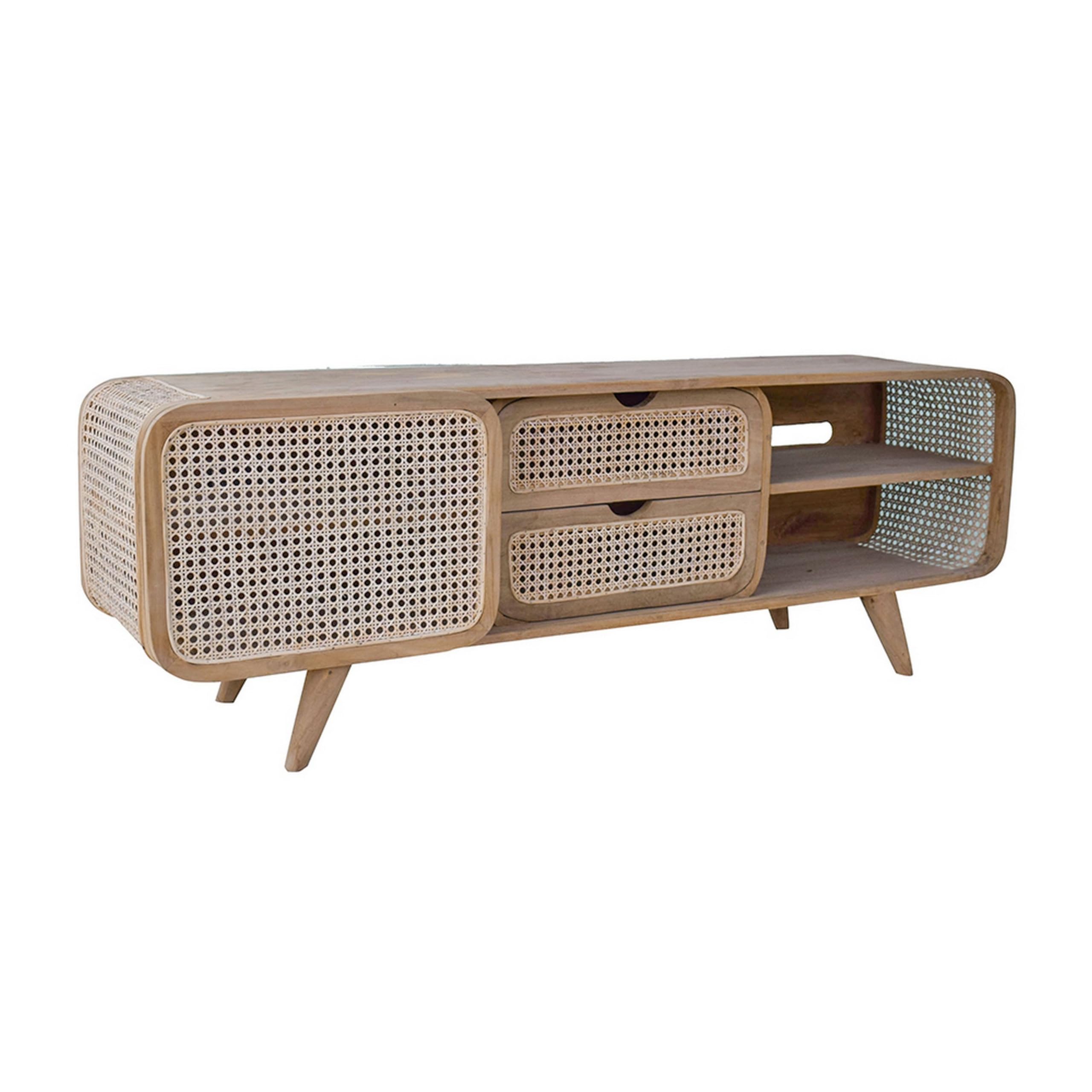 59 Inch TV Entertainment Console, Sliding Doors, Teak Wood, Rattan, Brown