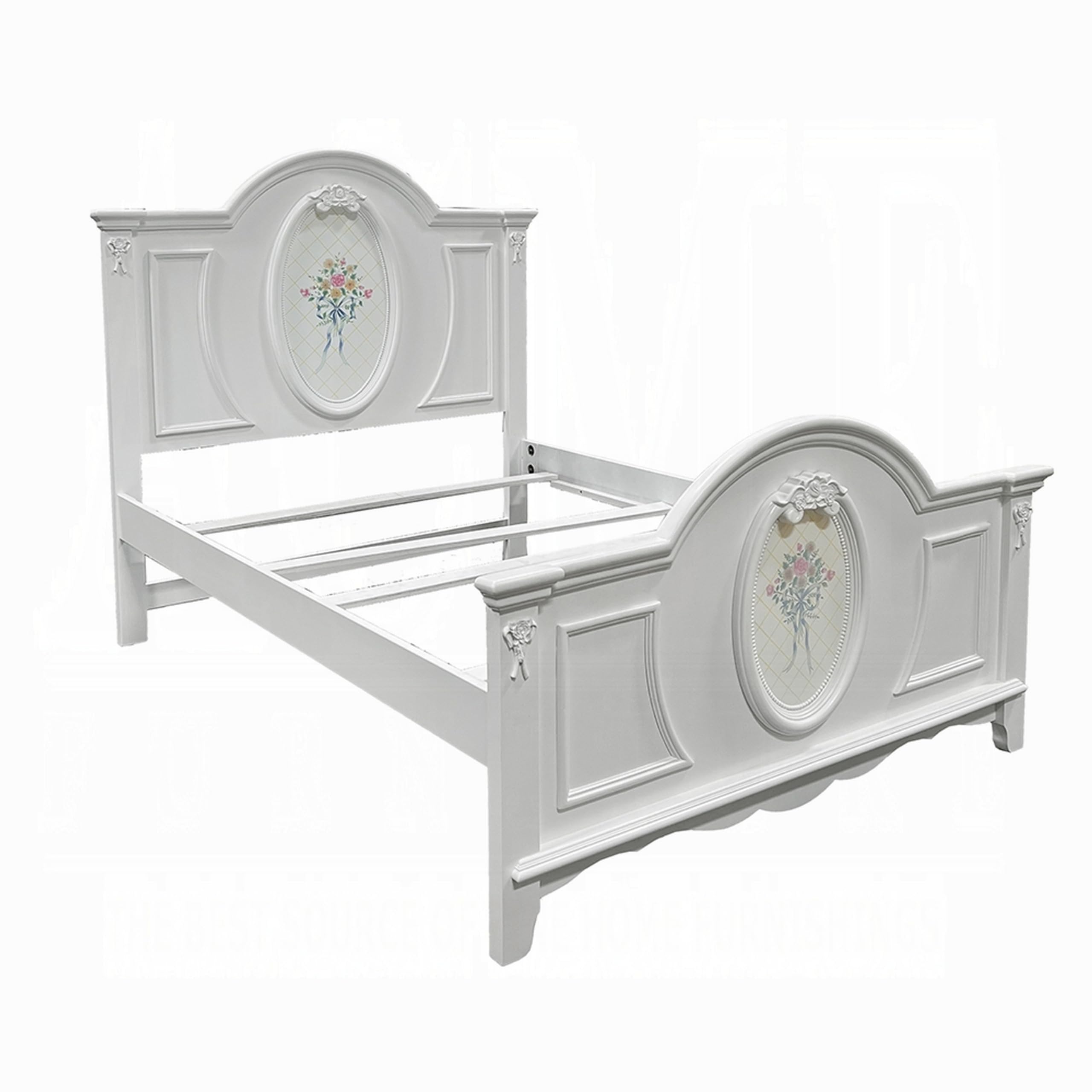 Auri Full Size Bed, Floral Motifs Arched Headboard, Classic White Wood