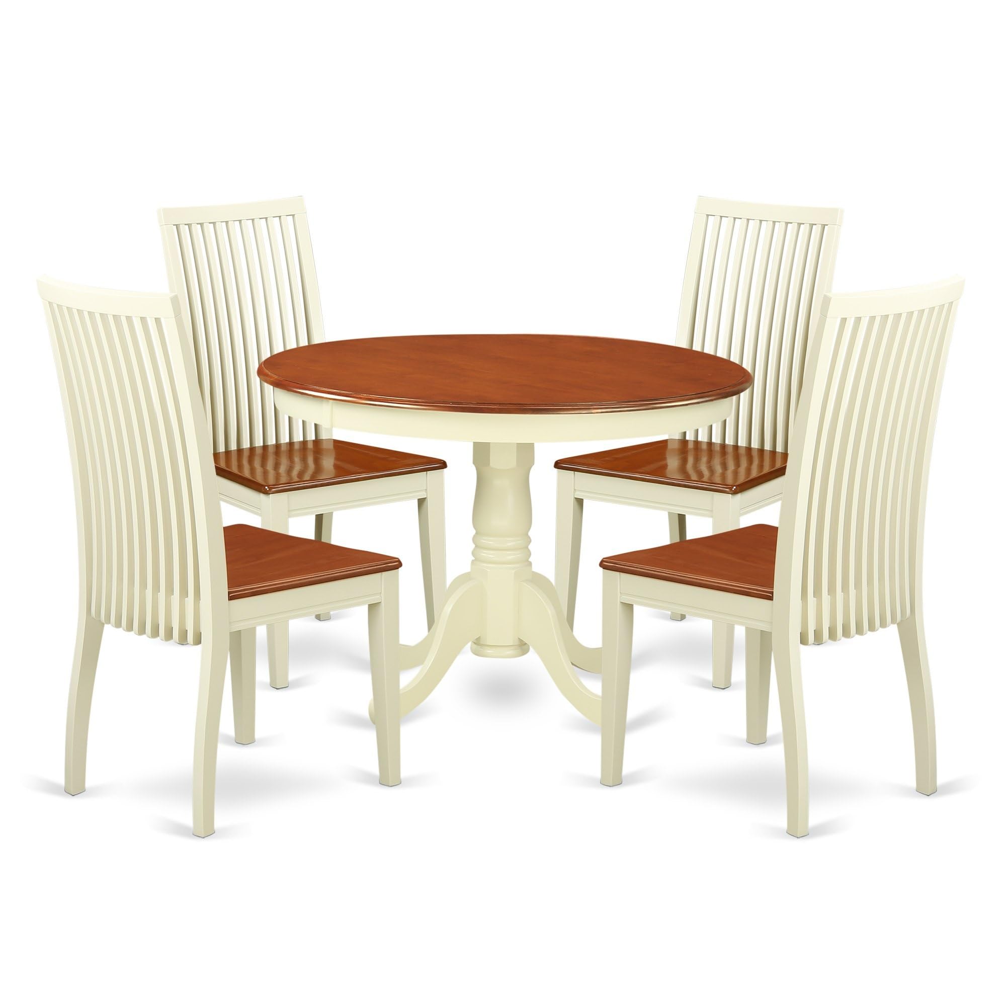 Casafoyer HLIP5-BMK-W 5 Piece Dining Room Furniture Set Includes a Round Kitchen Table with Pedestal and 4 Dining Chairs, 42x42 Inch, Buttermilk & Cherry