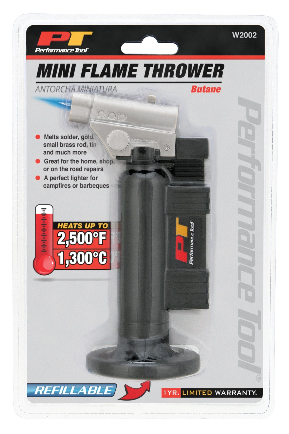 Performance Tool W2002 Refillable, Adjustable Butane Flame Mini Jet Torch (2,500 Degrees Celsius), Melts Solder, Gold, Small Brazing Rods, Tin & much more.